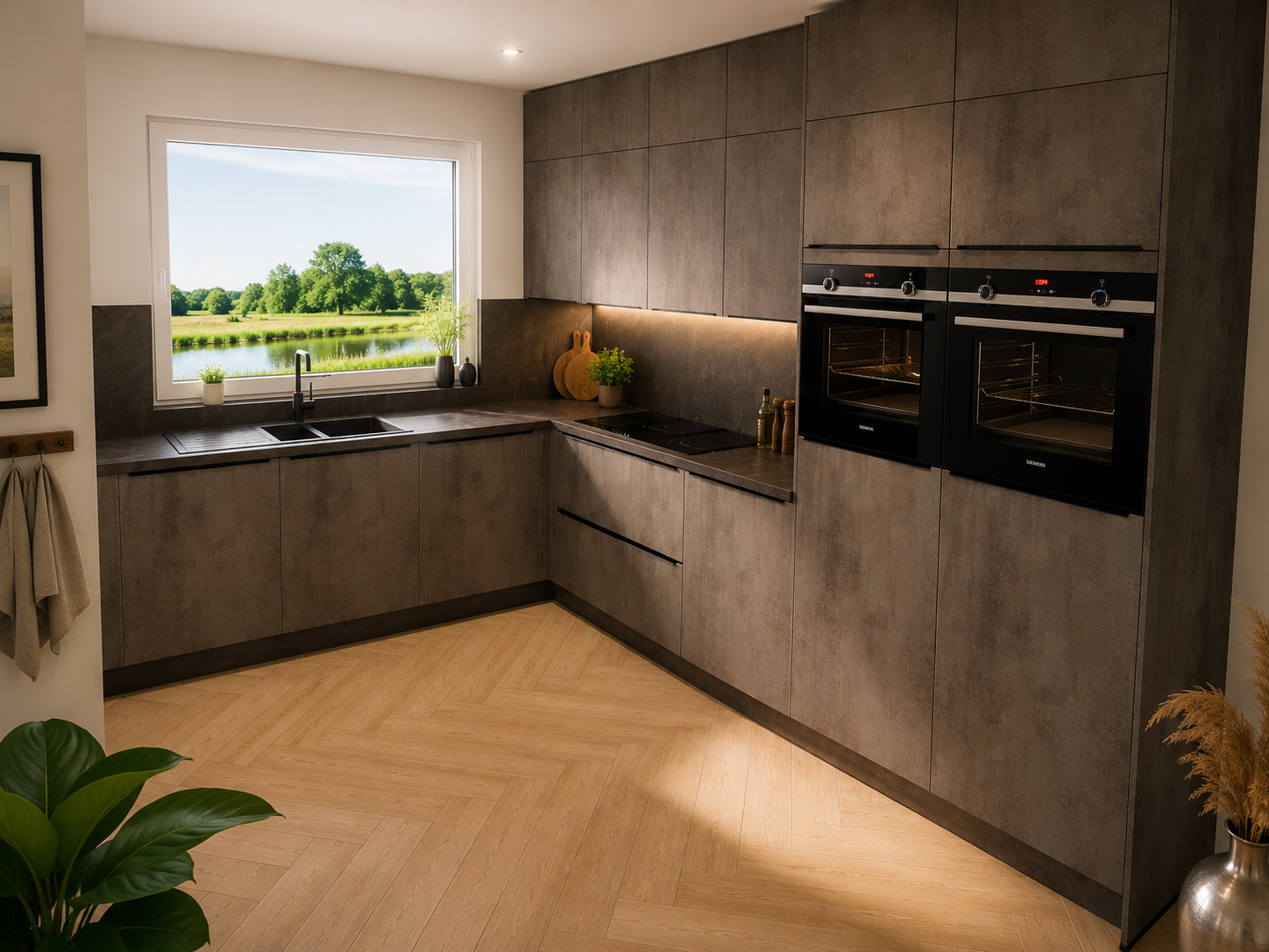 Betonlook hoek keuken met dubbele ovens en meerzicht