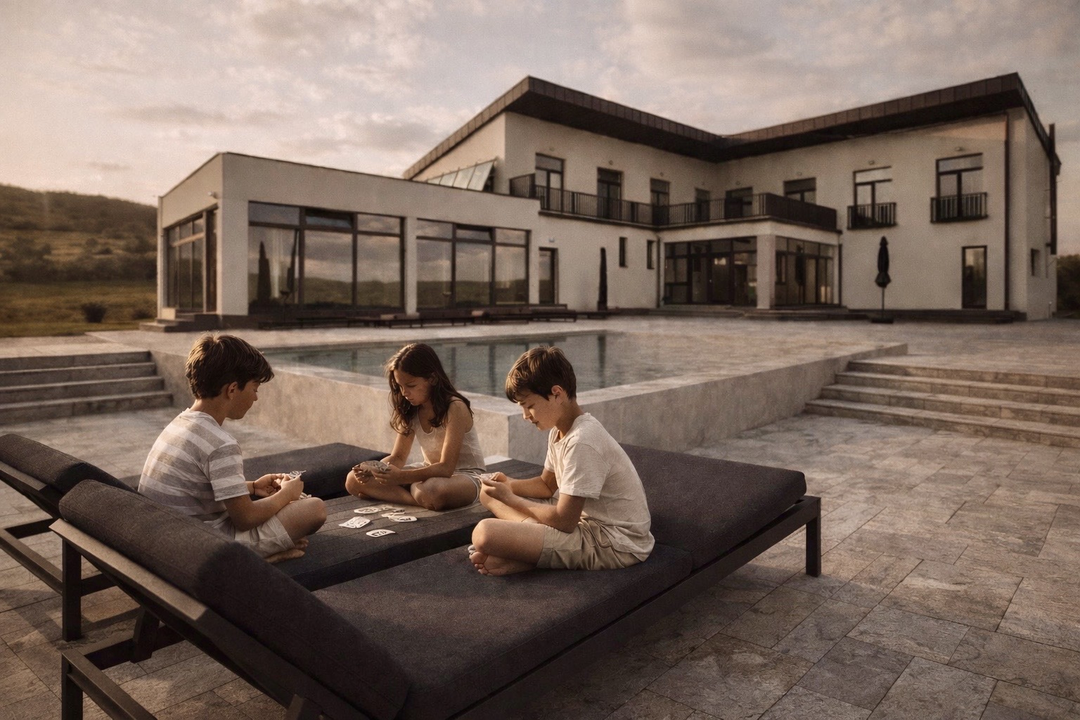 Children playing cards by the outdoor pool at Villa Ambition