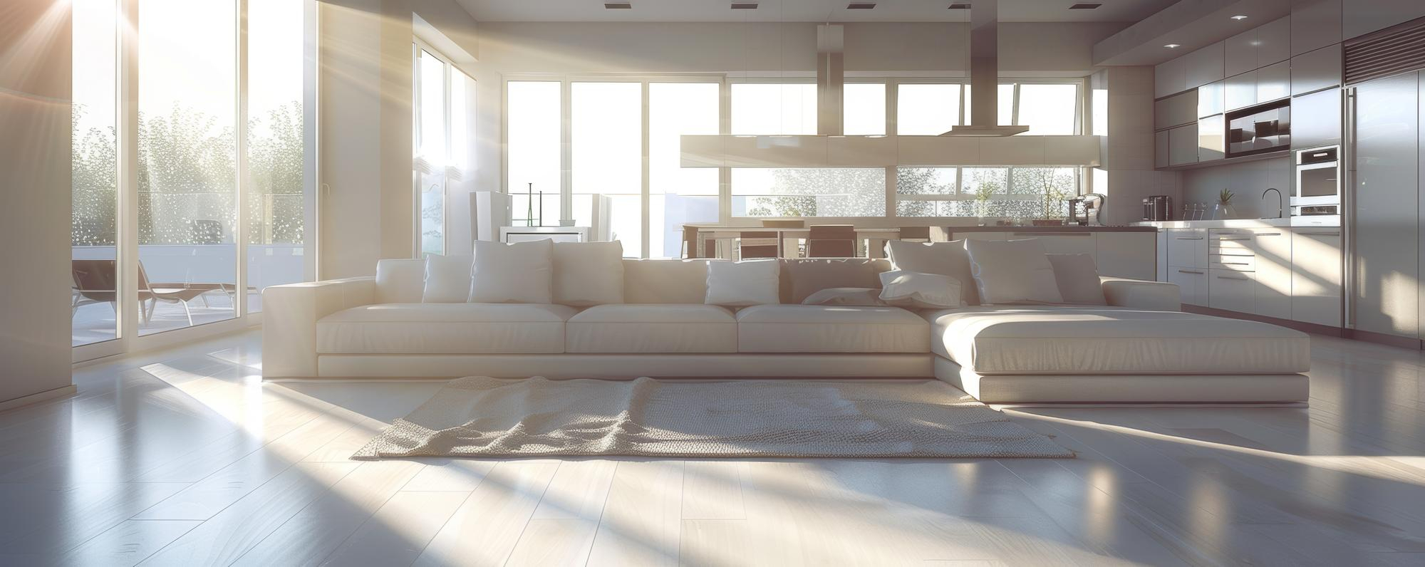 Modern bright living room with white sofa and natural sunlight