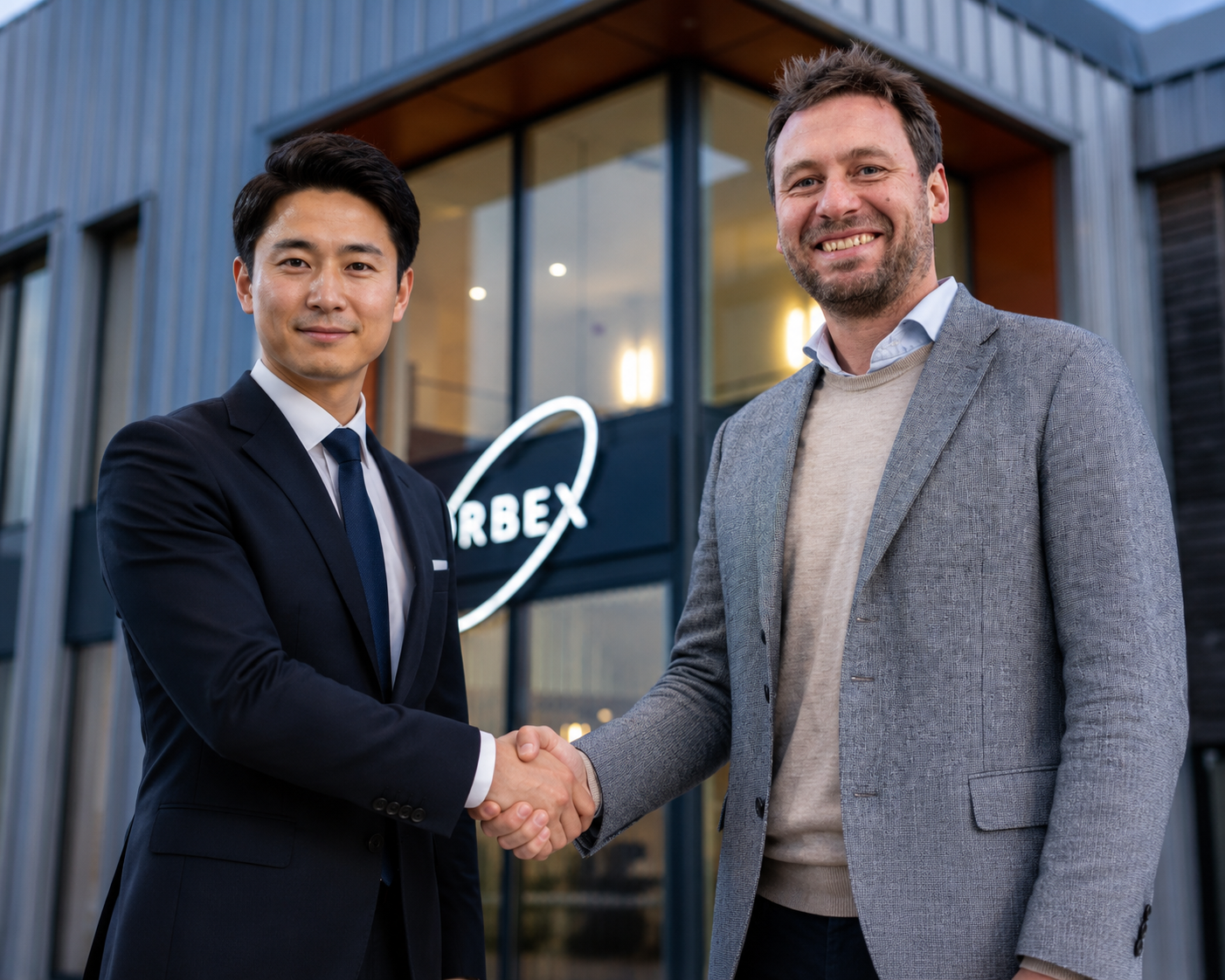 Business leaders shaking hands outside an ORBEX location