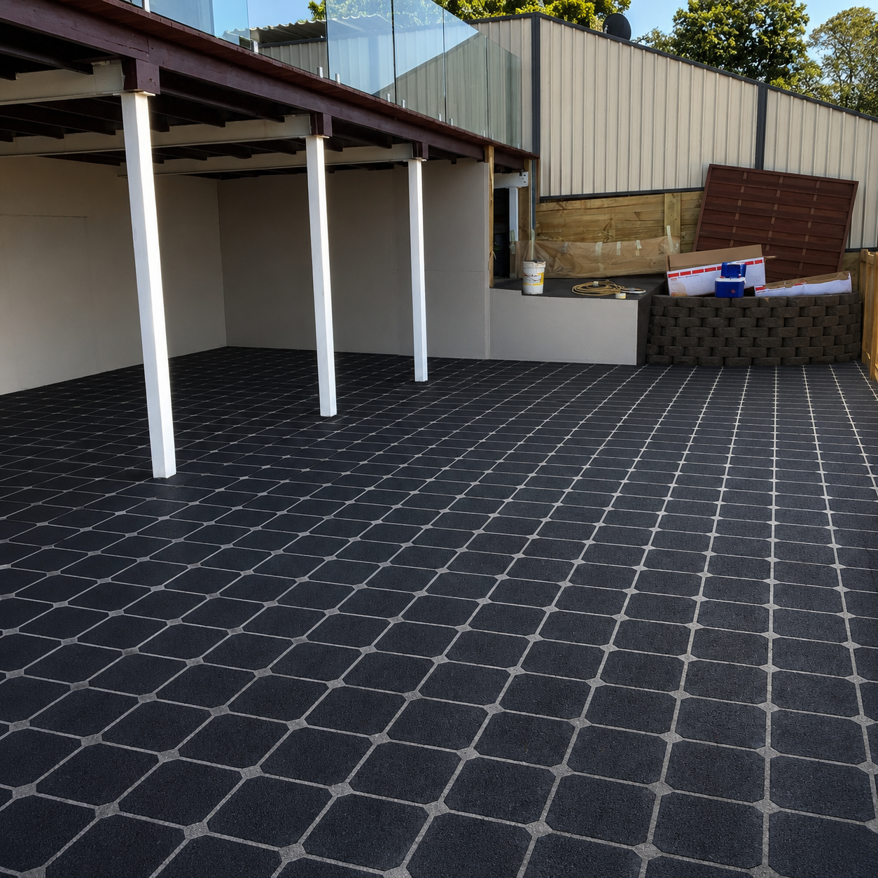Charcoal square tile pattern stencil concrete resurfacing