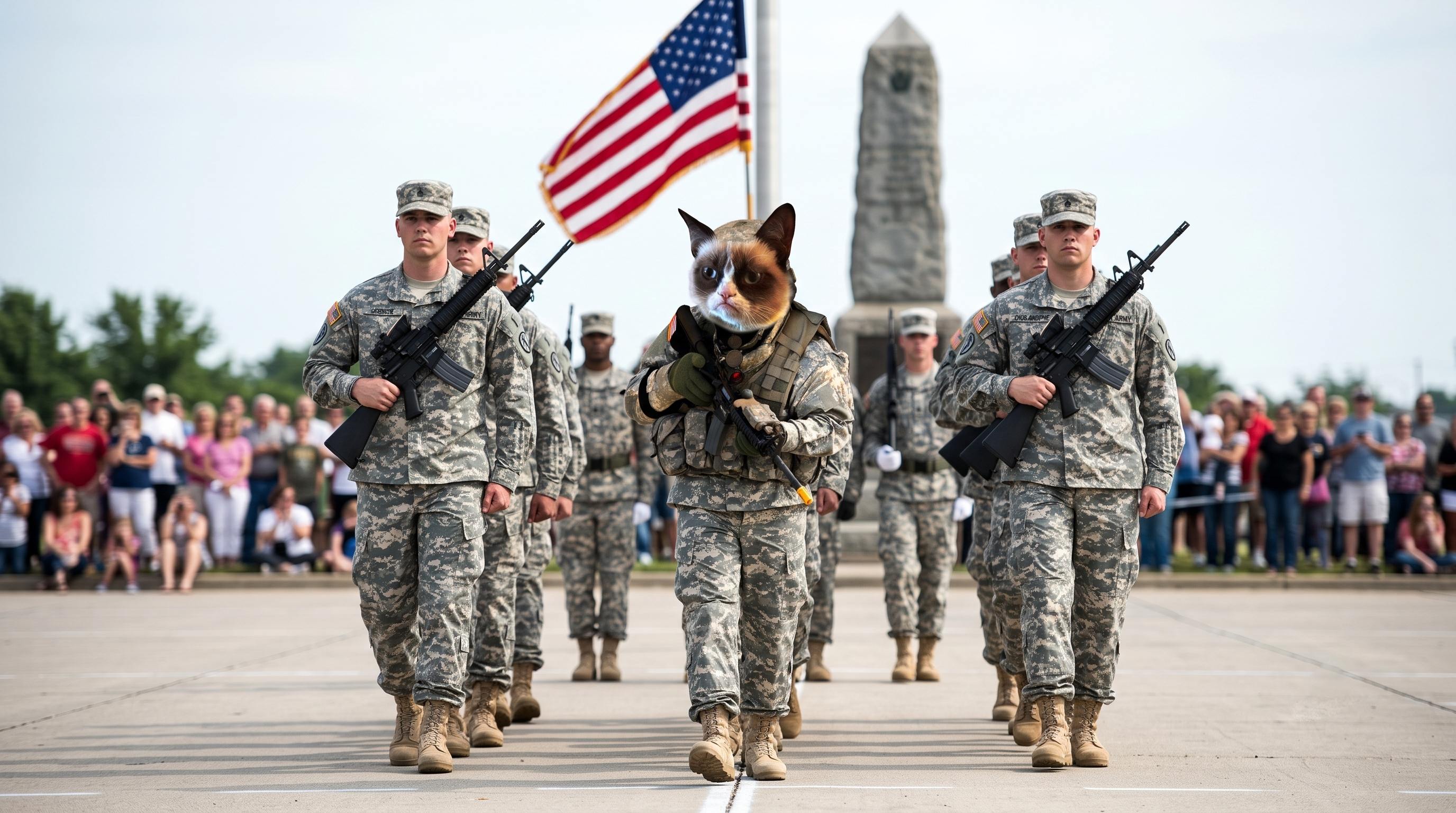 Military Working Cat marching with soldiers