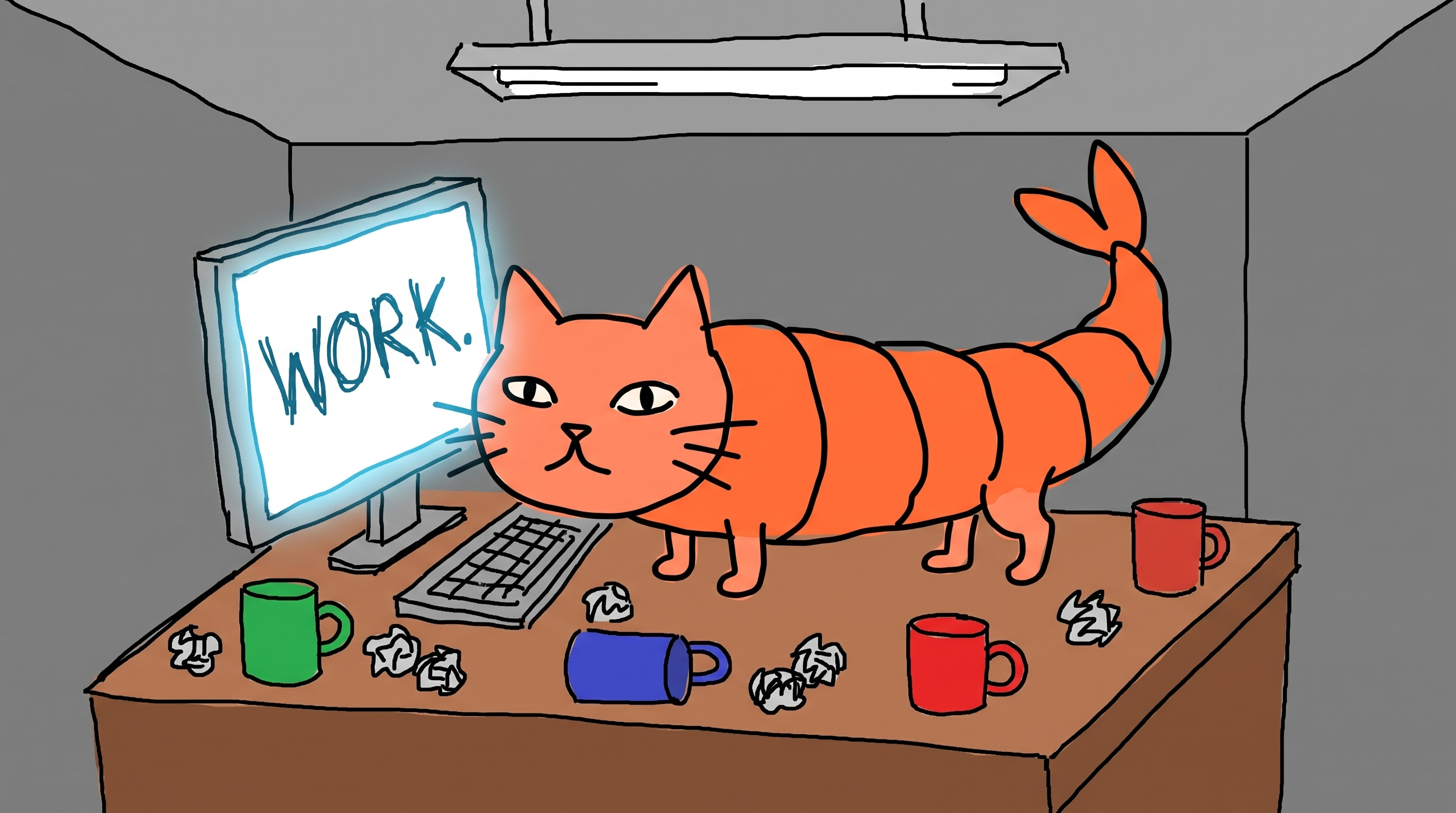 Cat Shrimp at work desk with computer showing WORK.