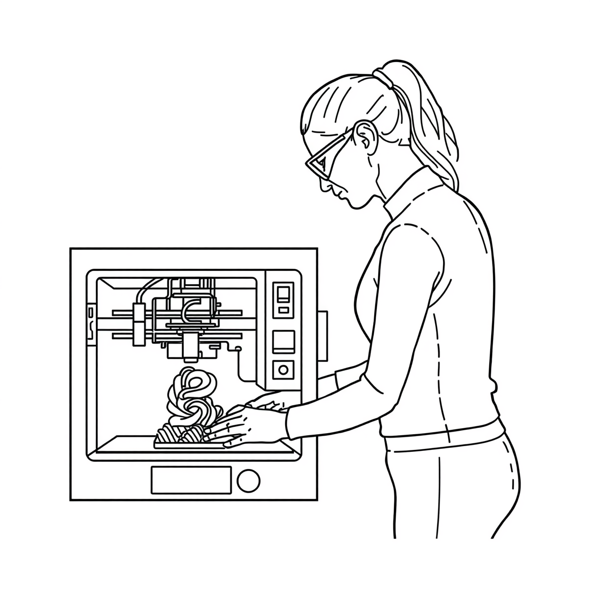 Safe shop practices - person with hair tied back, safety glasses, and fitted clothing