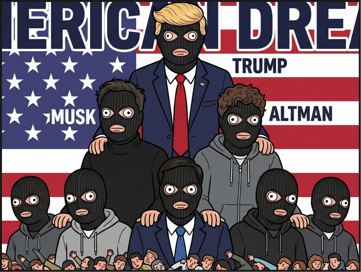 The American Dream - masked figures representing Trump, Musk, and Altman in pyramid formation