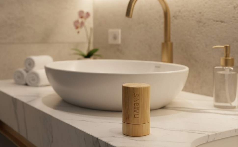 Sabivu bamboo deodorant on marble bathroom countertop