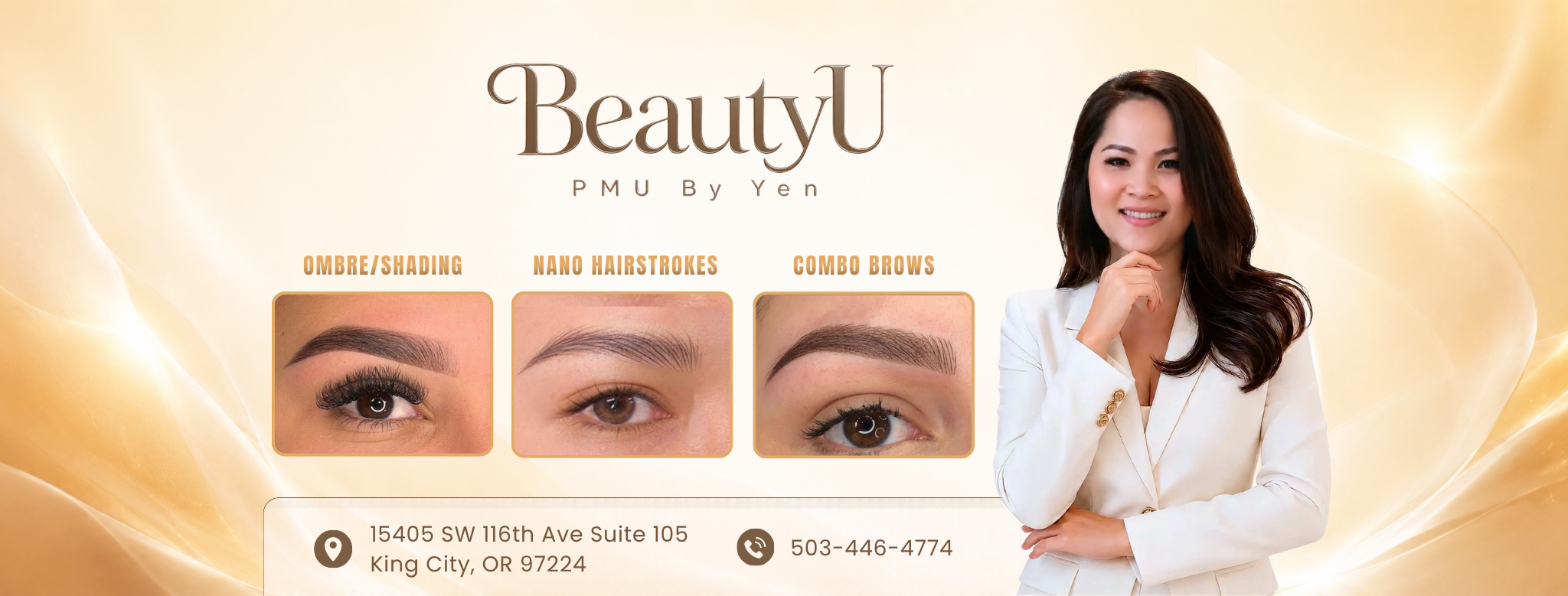 BeautyU PMU By Yen studio branding showing ombre, nano hairstroke, and combo brow results alongside artist Yen