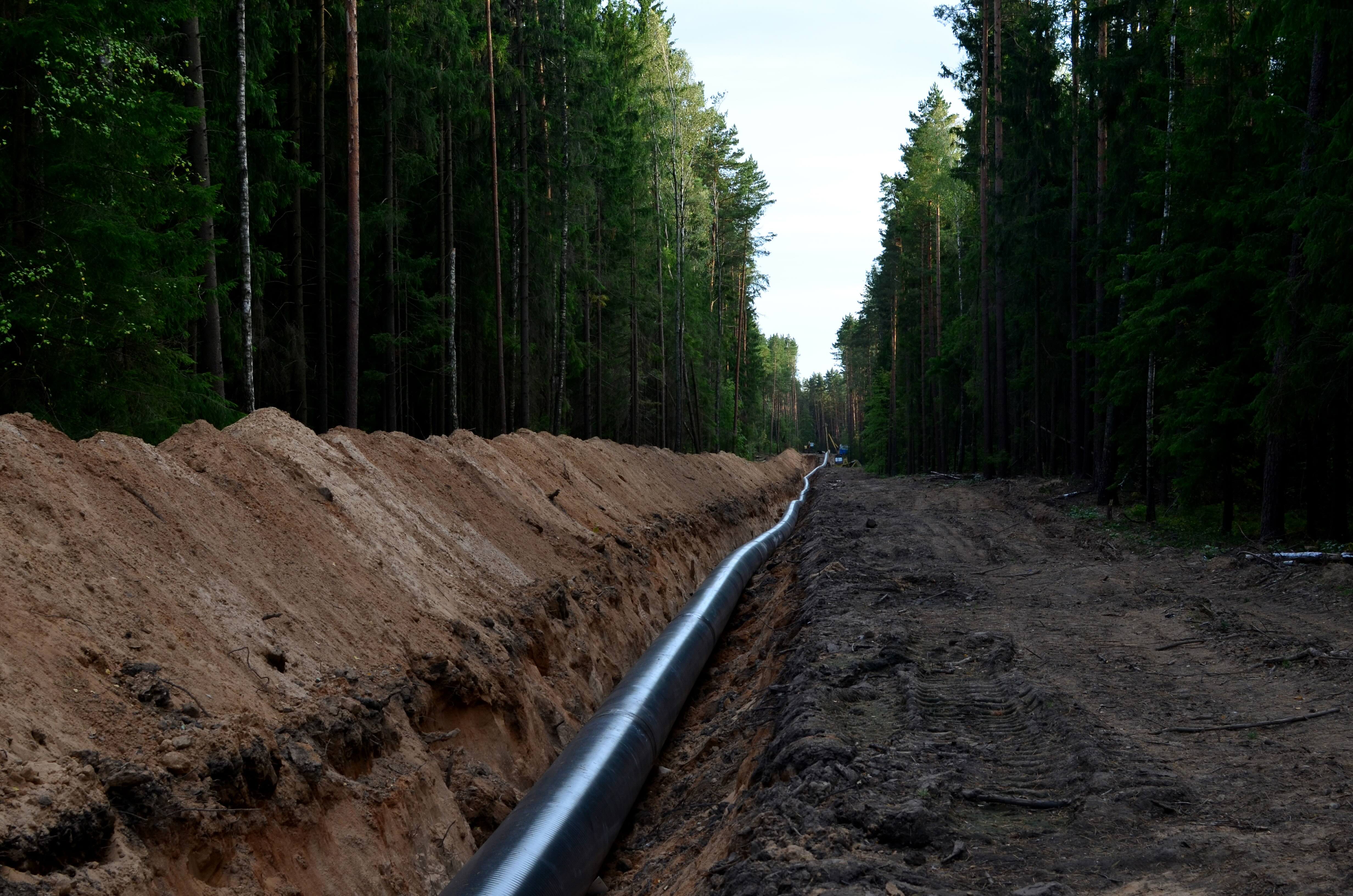Traditional pipeline installation through cleared forest with excavation