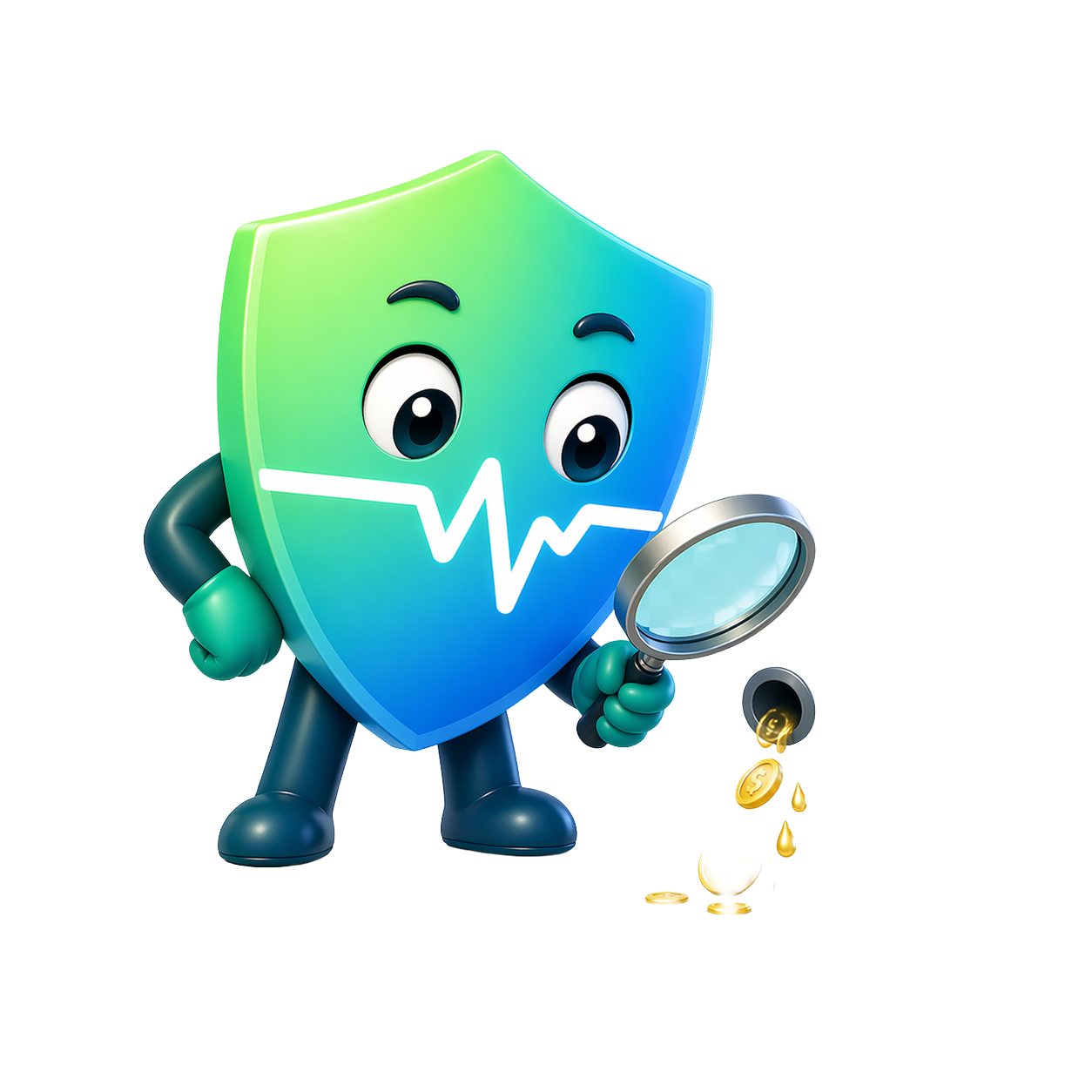 Mint mascot with magnifying glass detecting spending leaks and falling coins