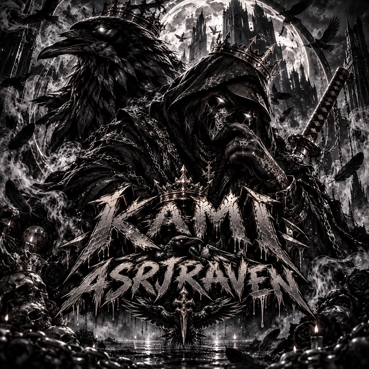 KAMI AsriRaven: a crowned hooded figure and raven against a monochrome moonlit gothic skyline.