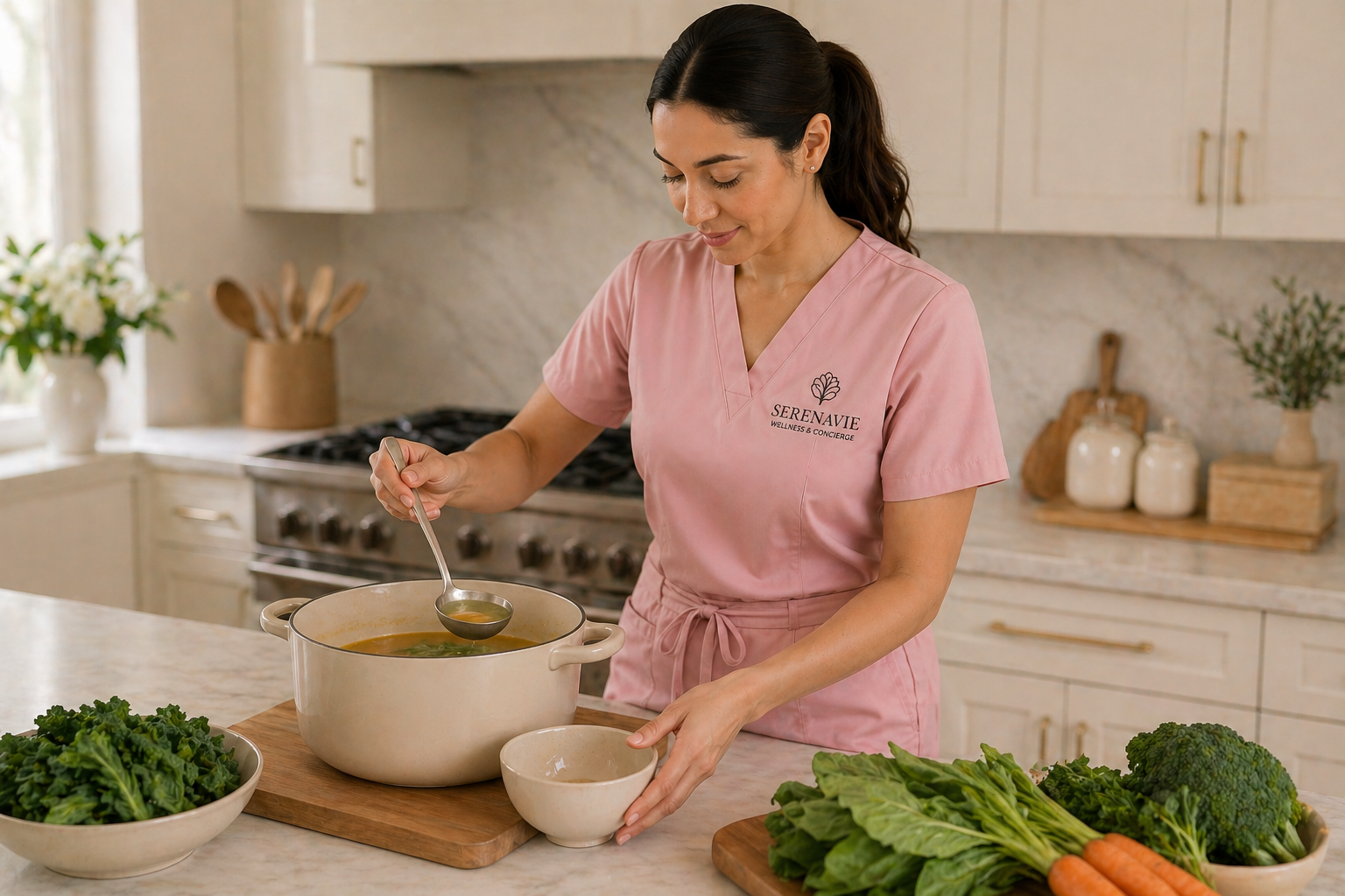 SerenaVie caregiver preparing nourishing soup