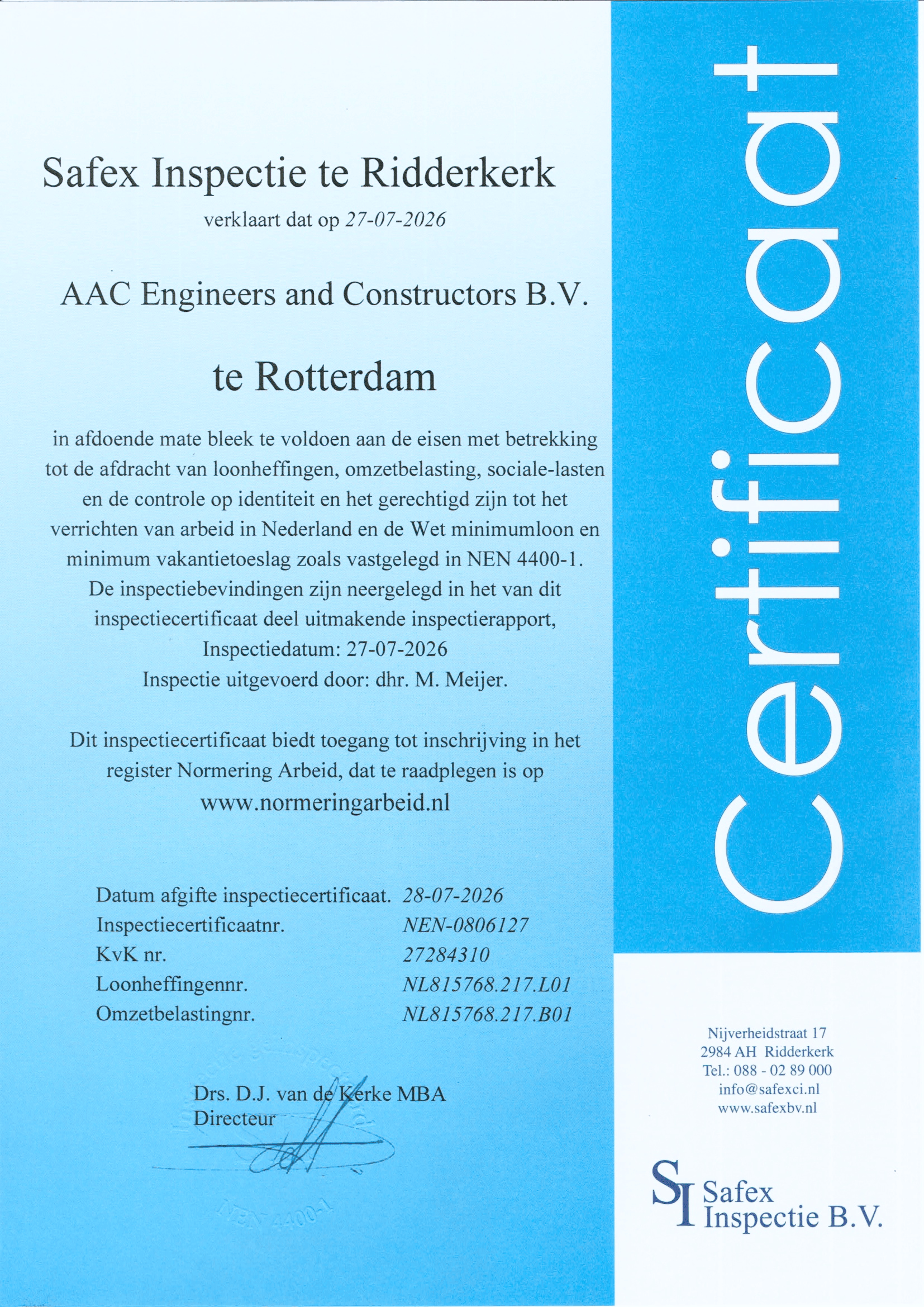 Safex Inspectie NEN 4400-1 inspectiecertificaat van 27-07-2026 - AAC Engineers and Constructors B.V.