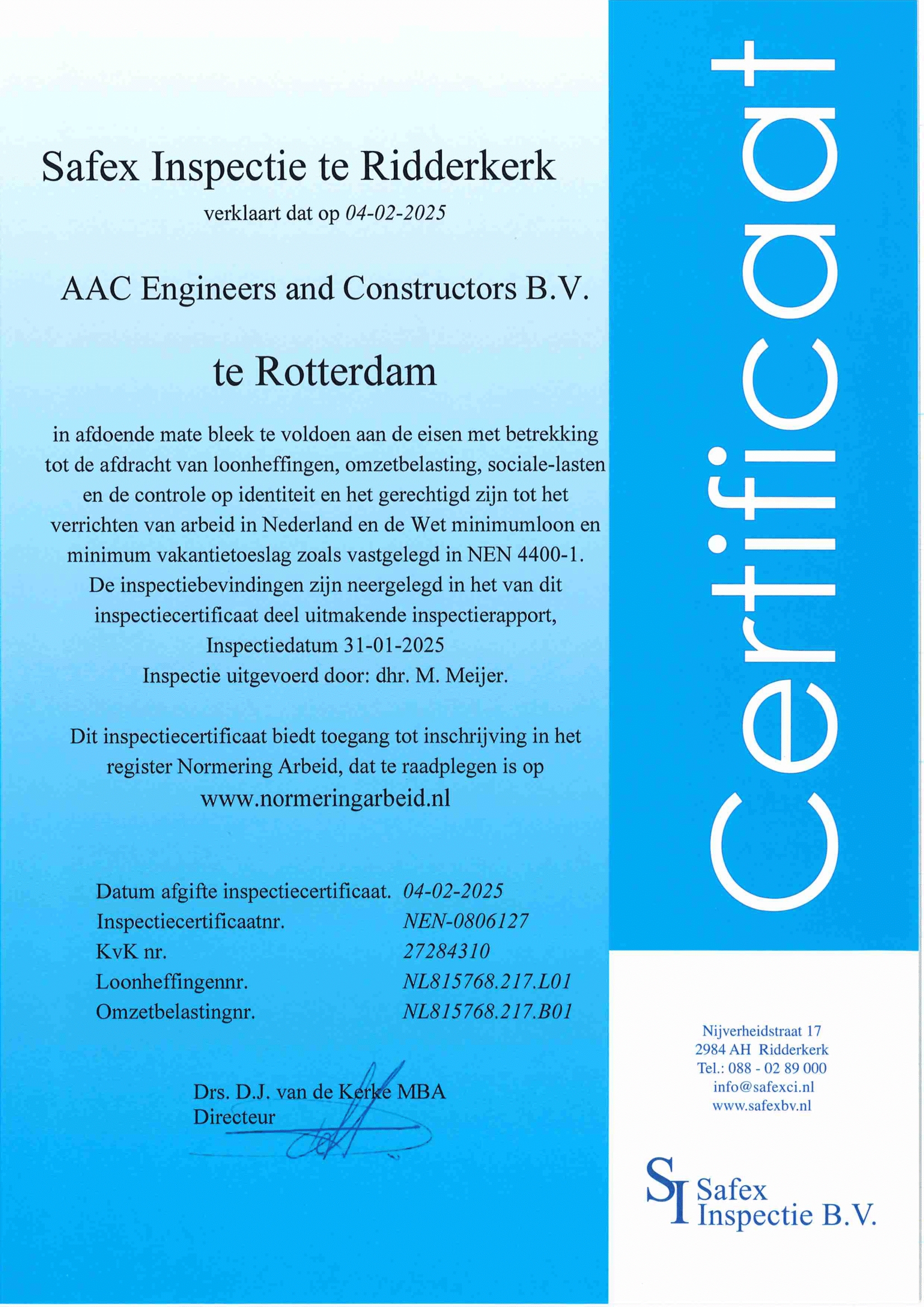 Safex Inspectie NEN 4400-1 Certificaat geldig tot 04-02-2025 - AAC Engineers and Constructors B.V.