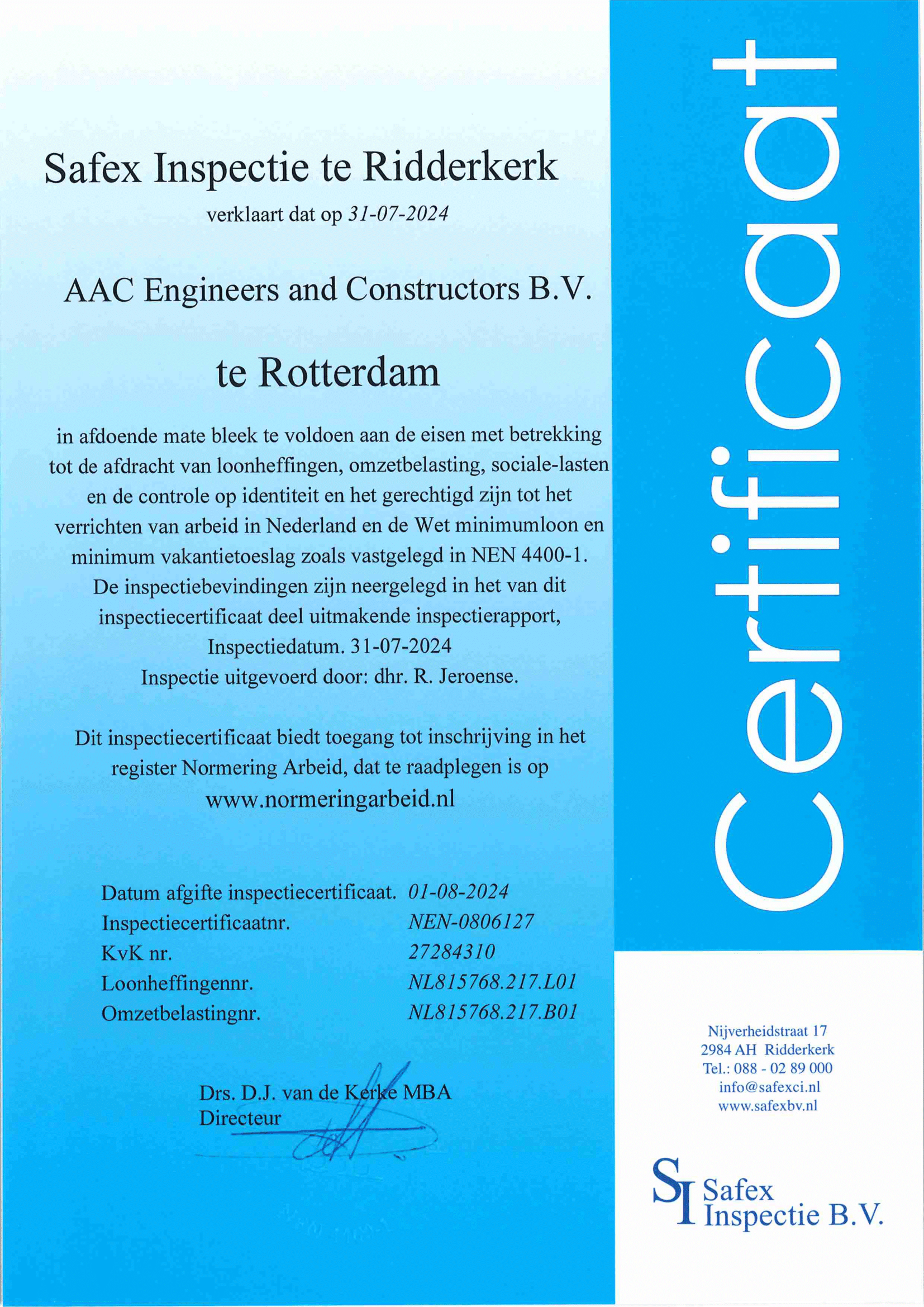 Safex Inspectie NEN 4400-1 Certificaat - AAC Engineers and Constructors B.V.