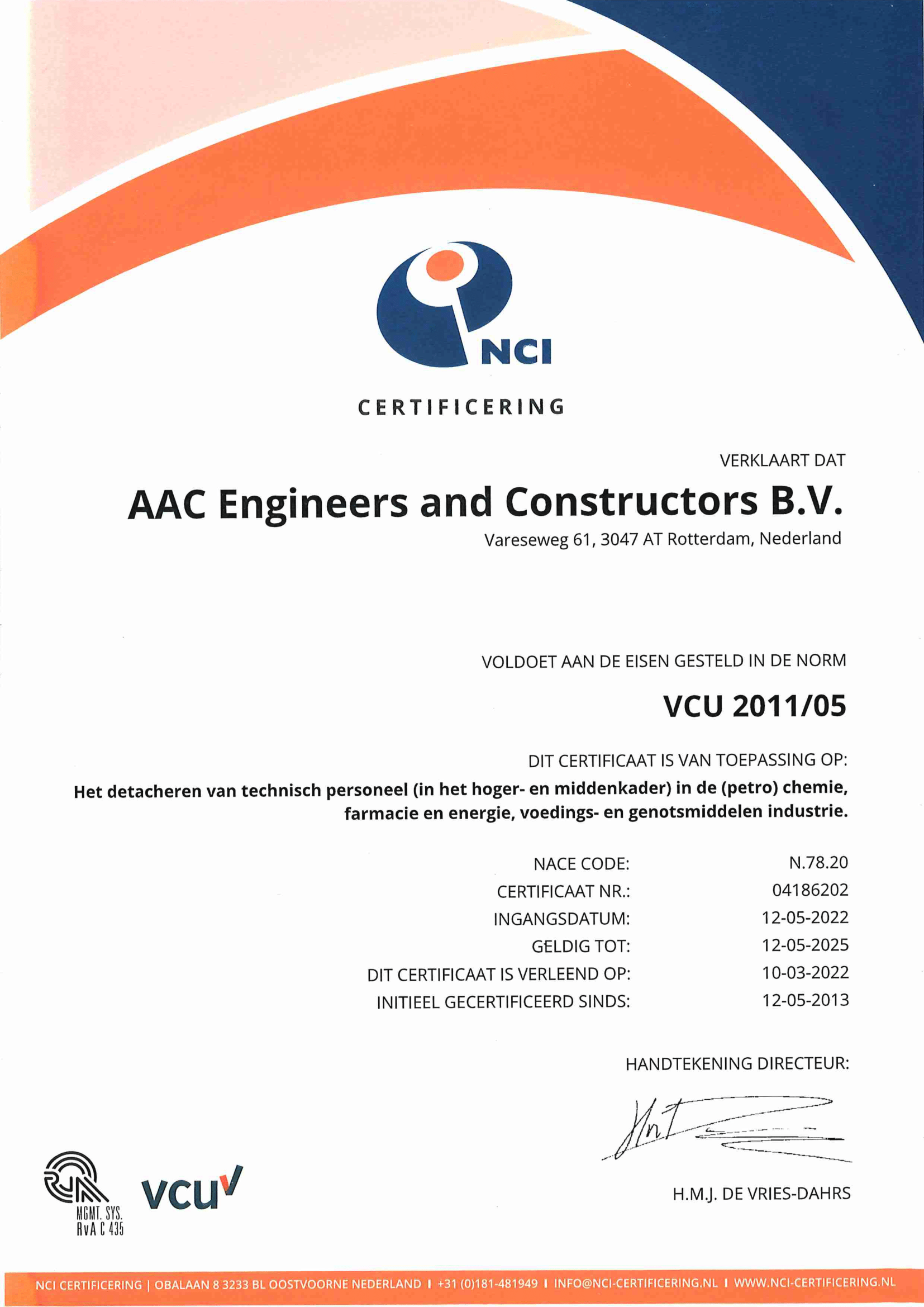 VCU Certificaat - AAC Engineers and Constructors B.V.