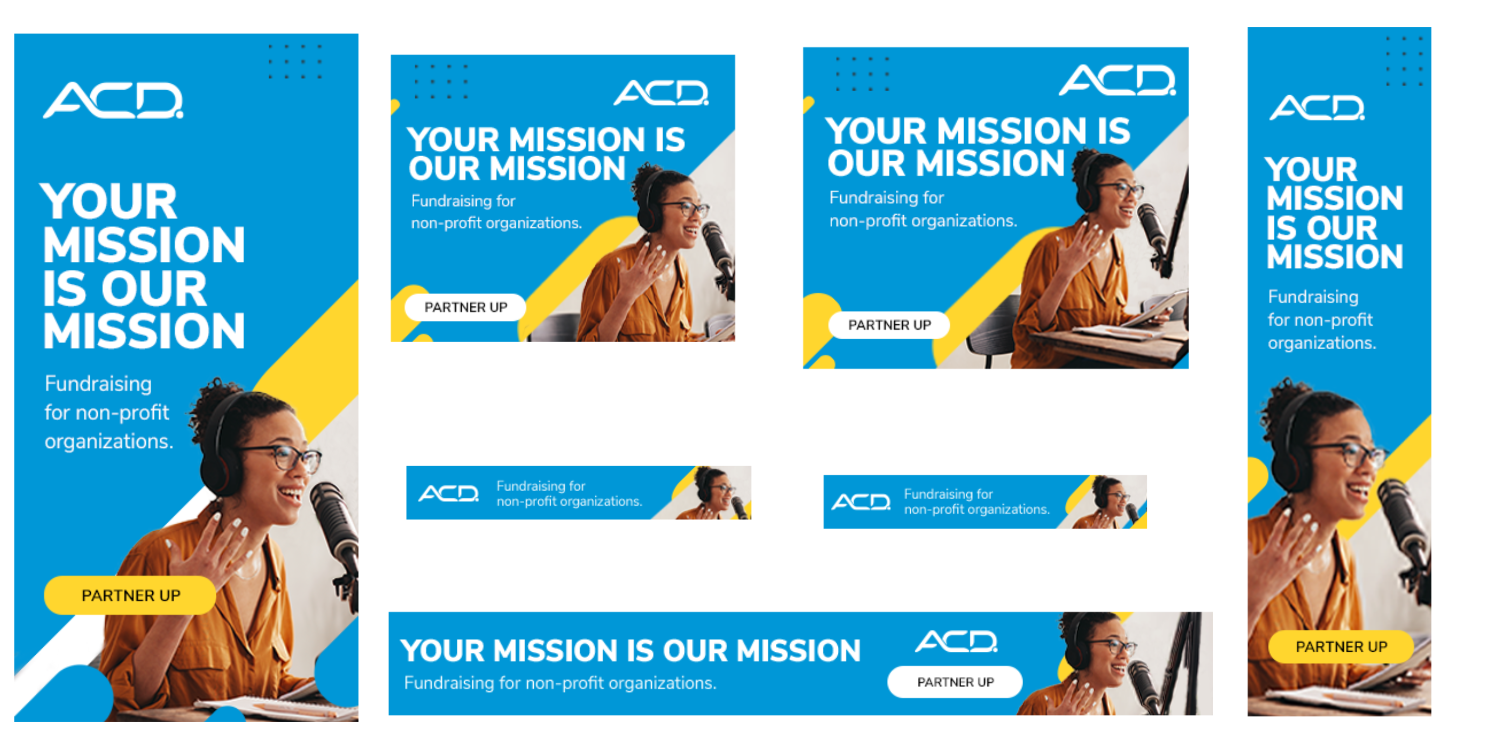 ACD Your Mission Is Our Mission nonprofit fundraising digital ad suite across multiple display sizes in blue and yellow branding