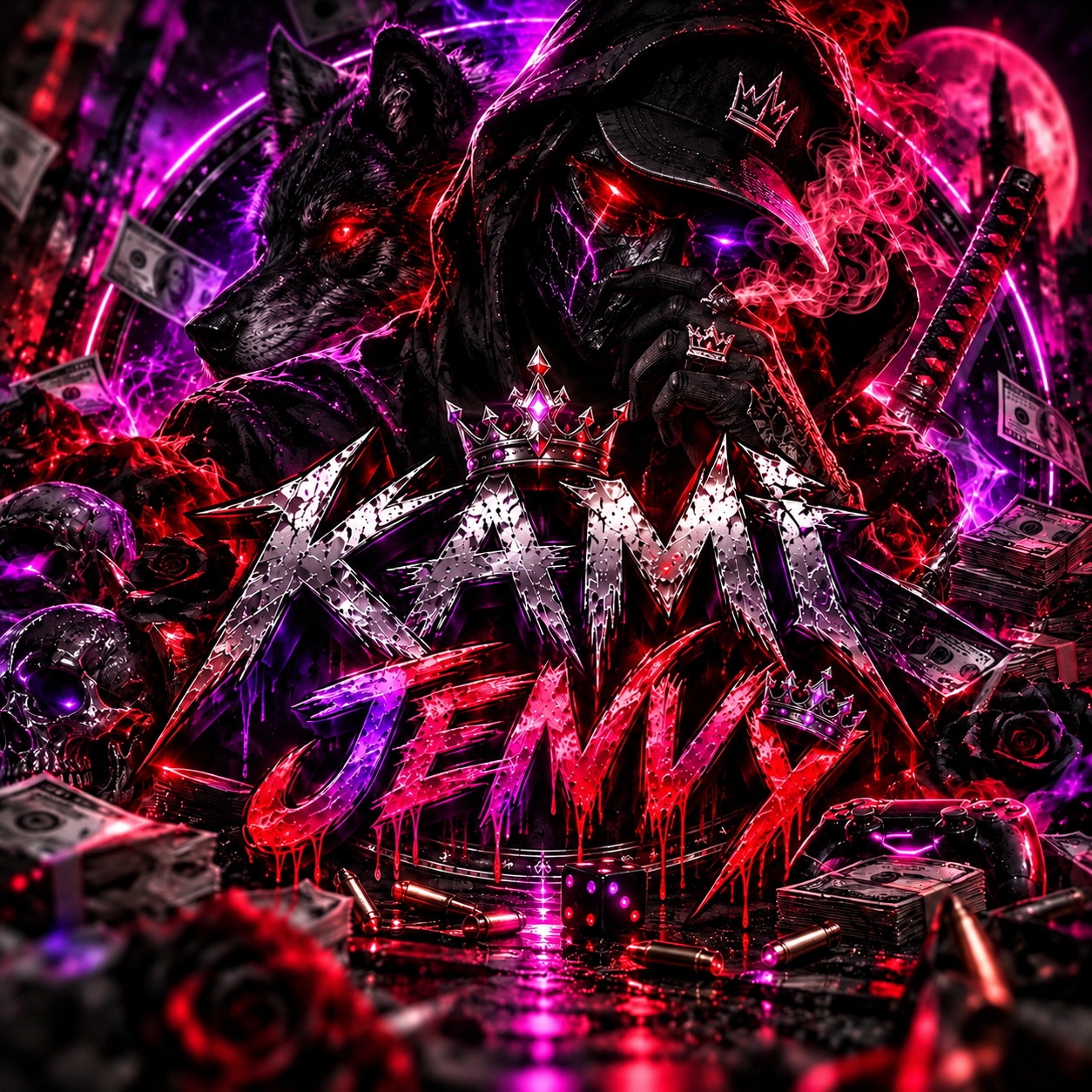 KAMI Ienvy: a masked operator and wolf with purple-and-red lighting, crowns, and a game controller.