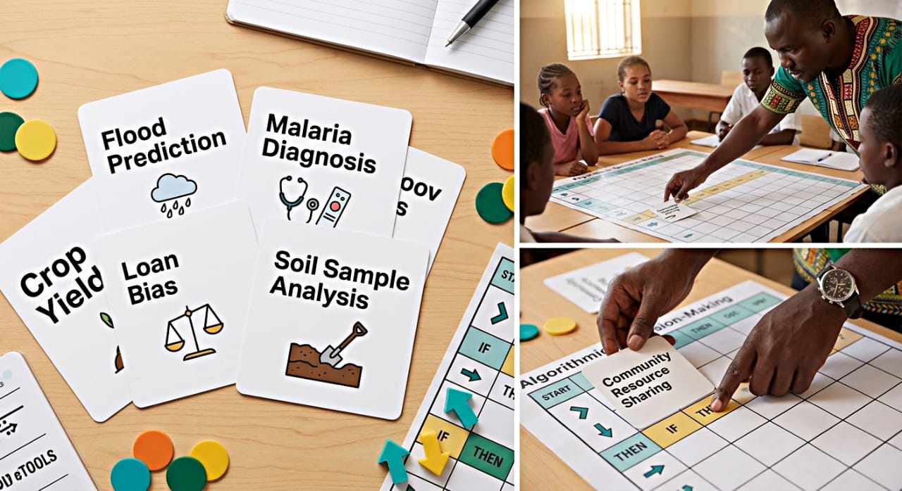 AI Unplugged activity cards showing problem-solving scenarios with flood prediction, malaria diagnosis, crop yield, and loan bias examples