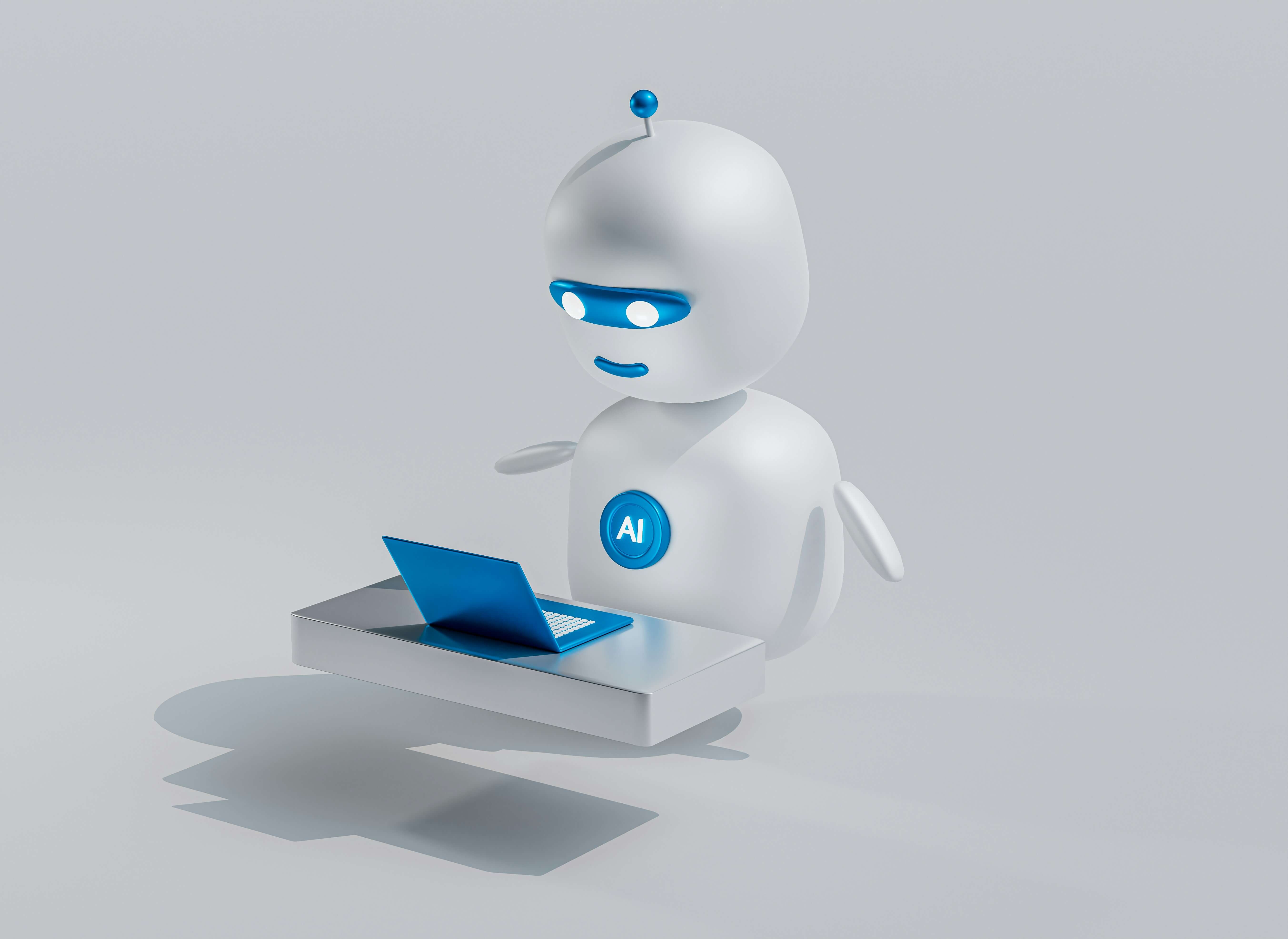 Friendly AI robot assistant with laptop
