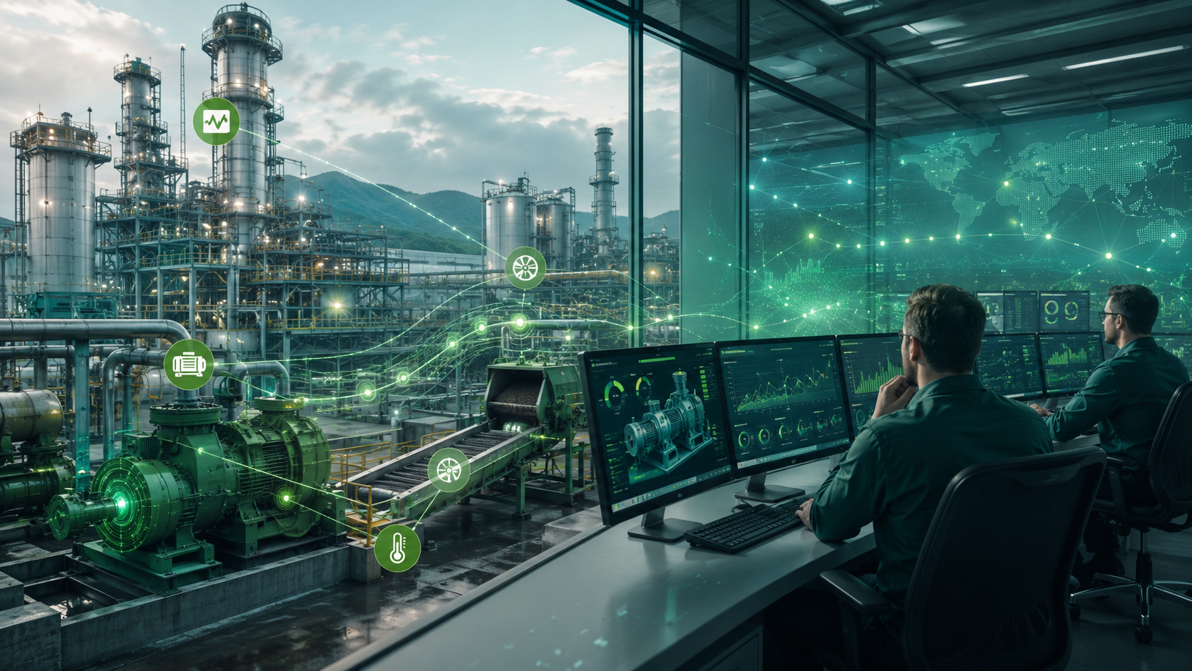 Two engineers in an industrial control room monitoring multi-screen analytics dashboards, with a connected industrial plant visible through the glass behind them