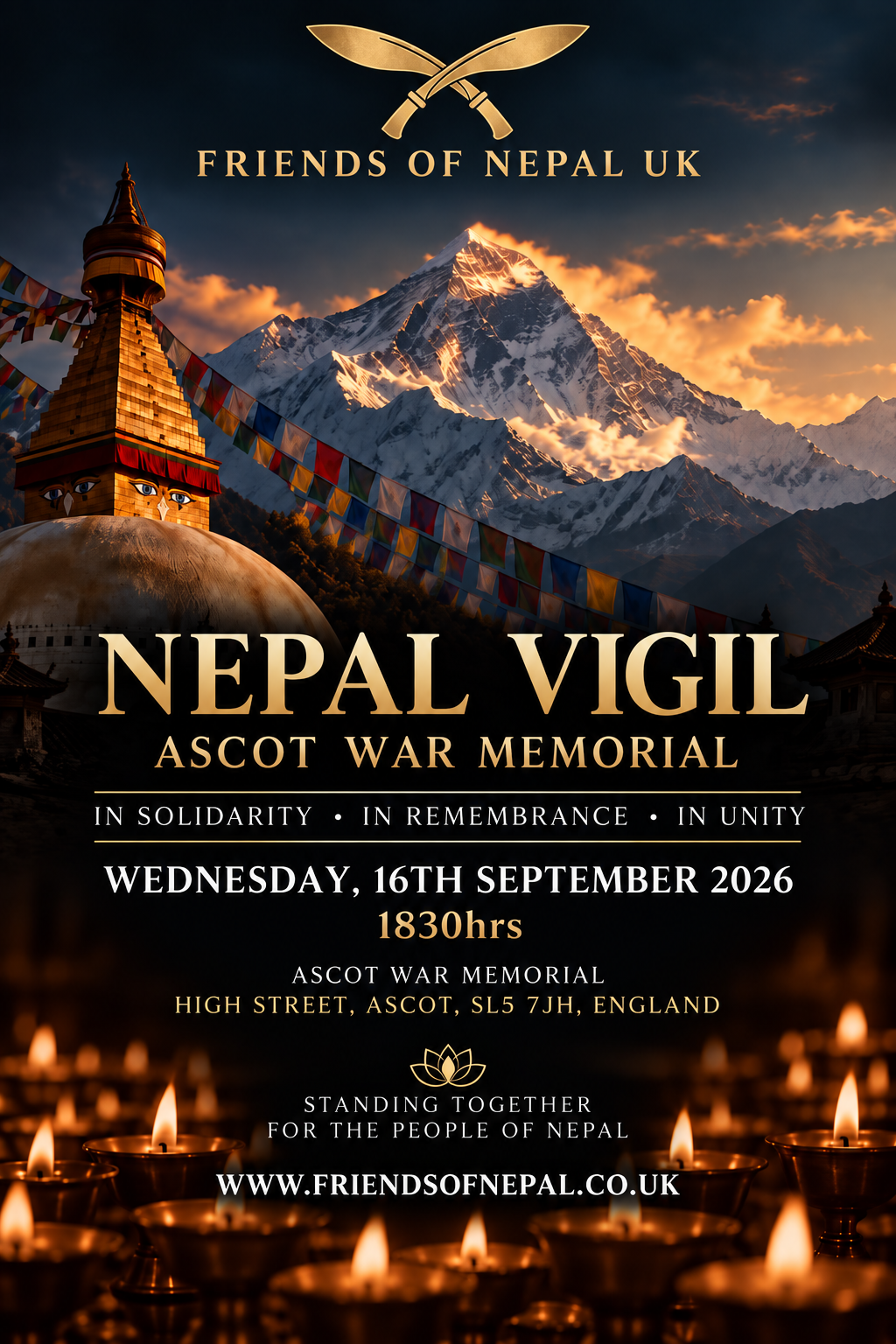 Nepal Vigil poster — Ascot War Memorial, Wednesday 16th September 2026, 1830hrs