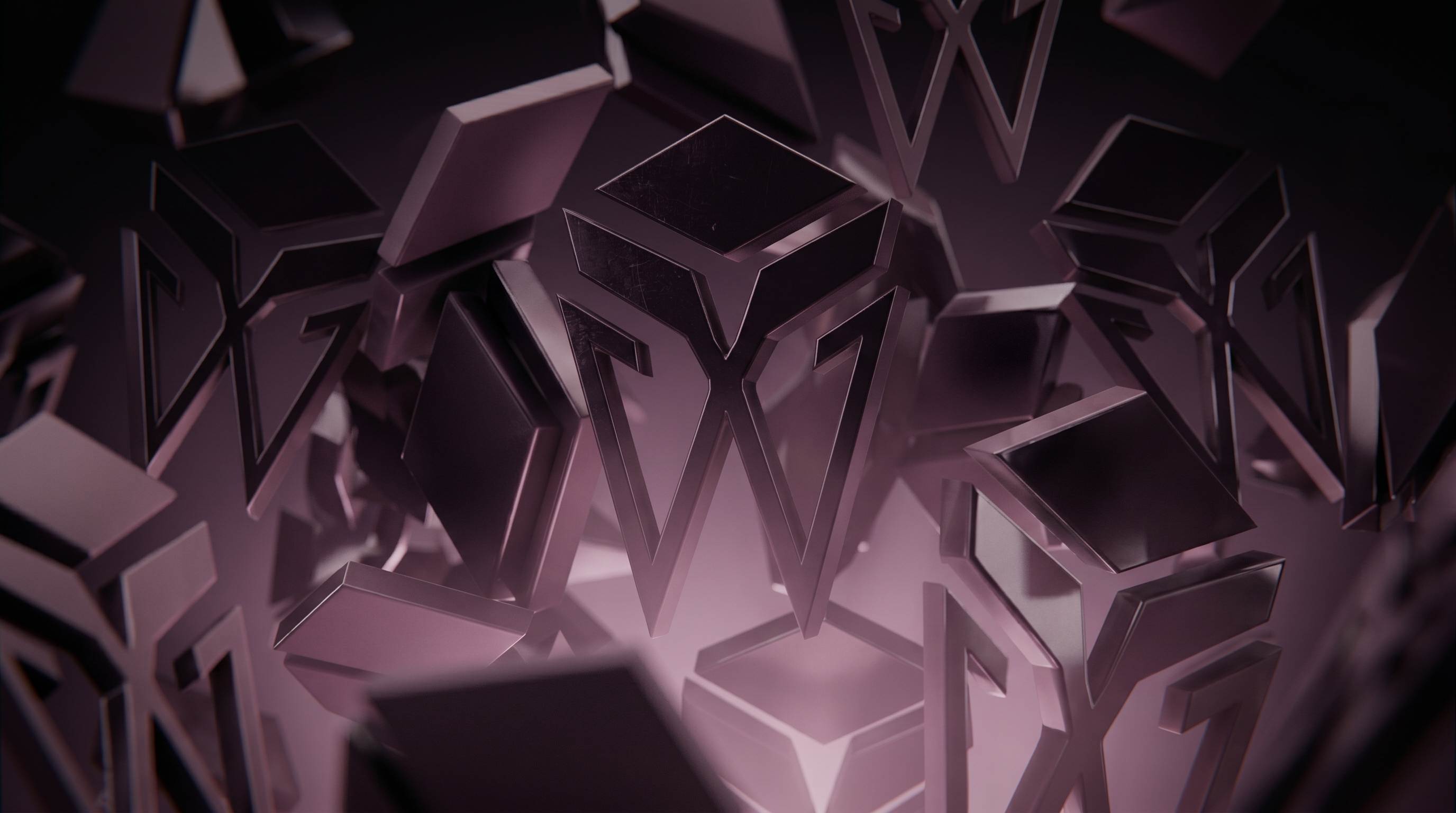 Layered three-dimensional Wagner monograms with metallic plum surfaces and soft mauve lighting.
