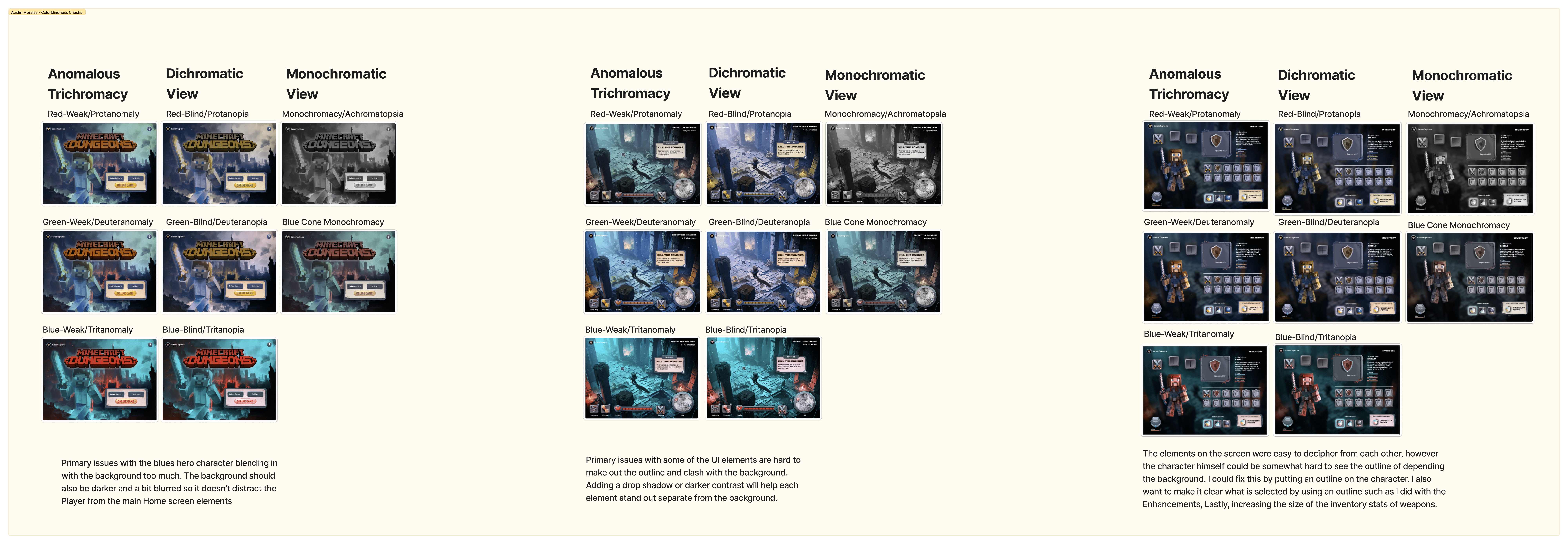 Color blindness accessibility testing across three screens showing anomalous trichromacy, dichromatic, and monochromatic views