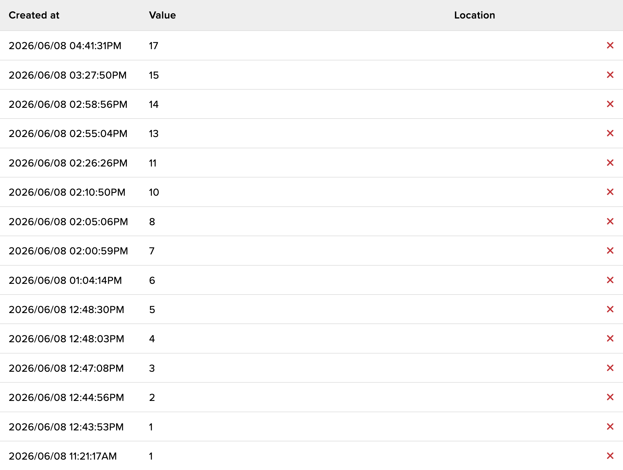 Adafruit IO feed showing timestamped crossing values being collected