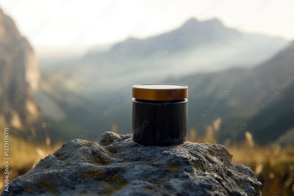 Shilajit jar on mountain rock