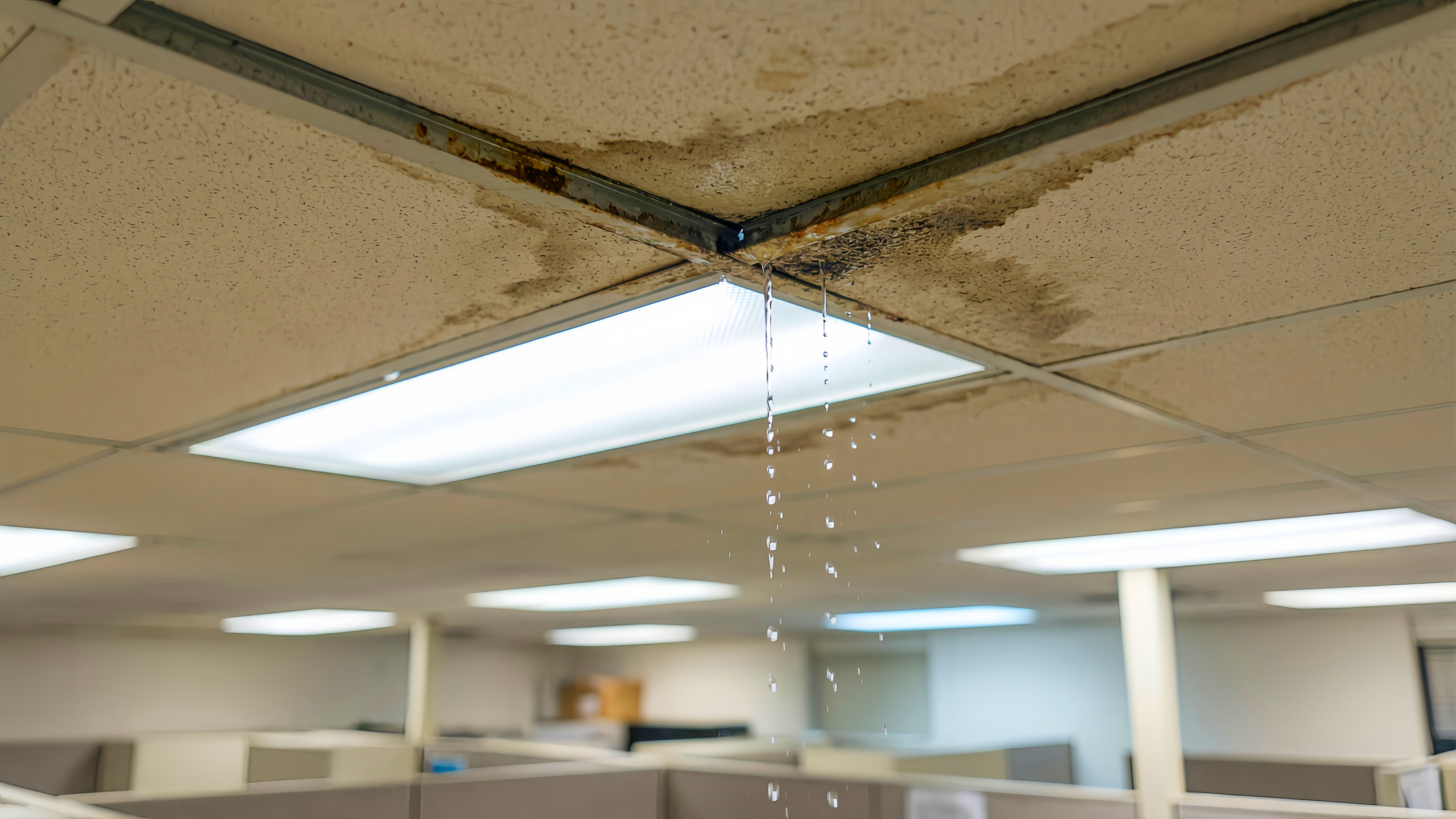 Water damage ceiling leak in commercial building