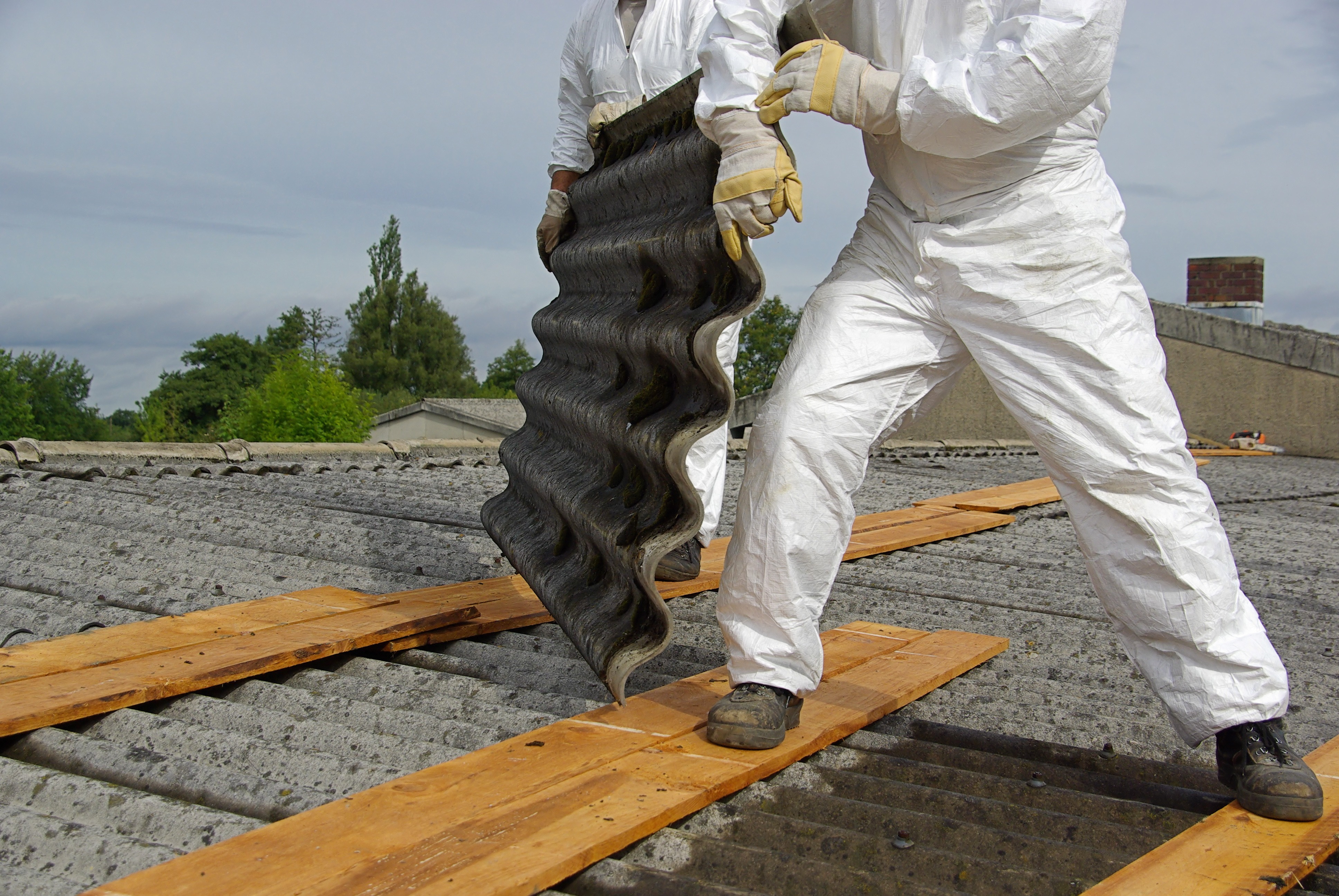 Arbeiter entfernen Asbestdachplatten