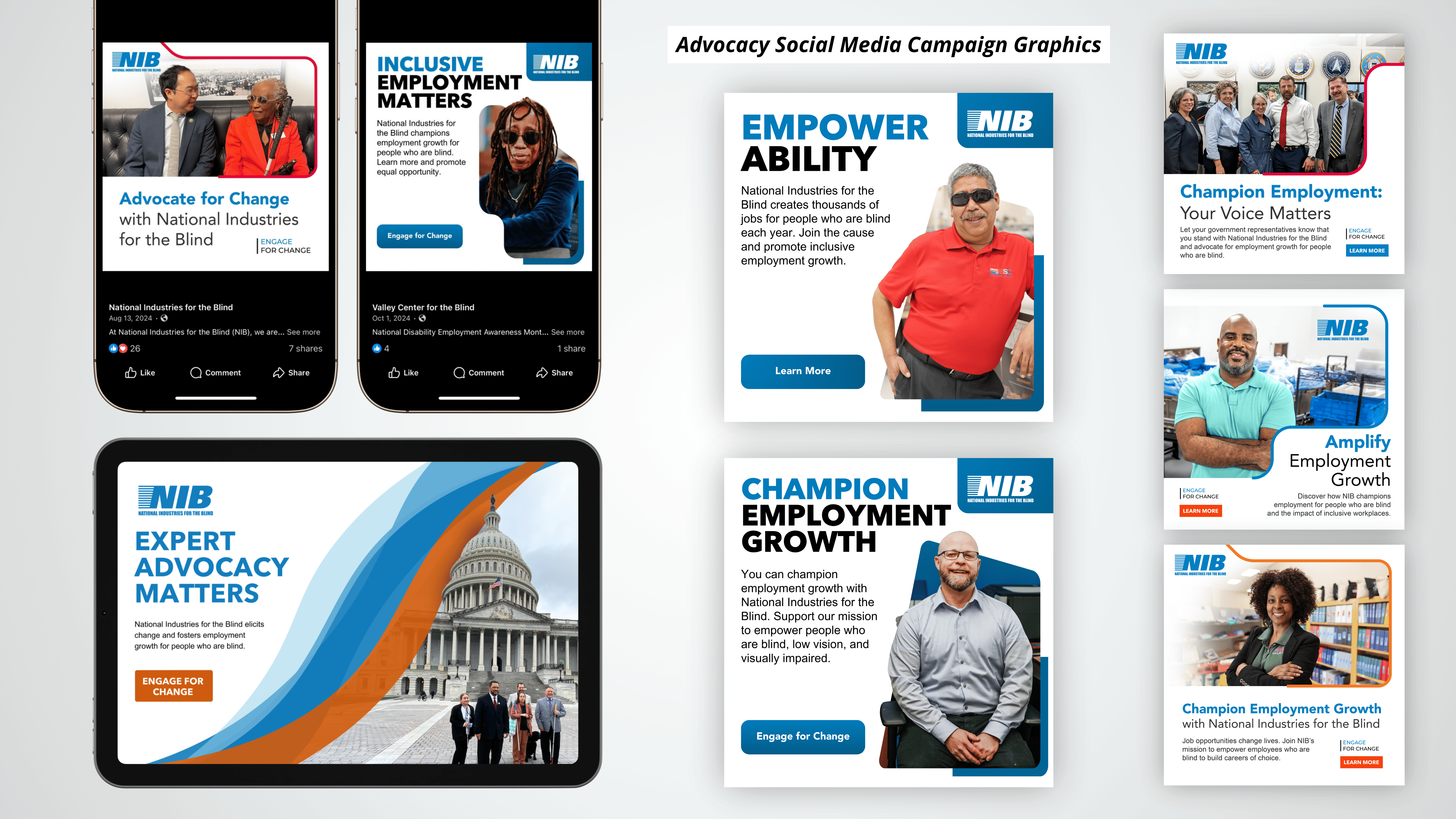 Advocacy social media campaign graphics with mobile mockups for Engage for Change and employment messaging