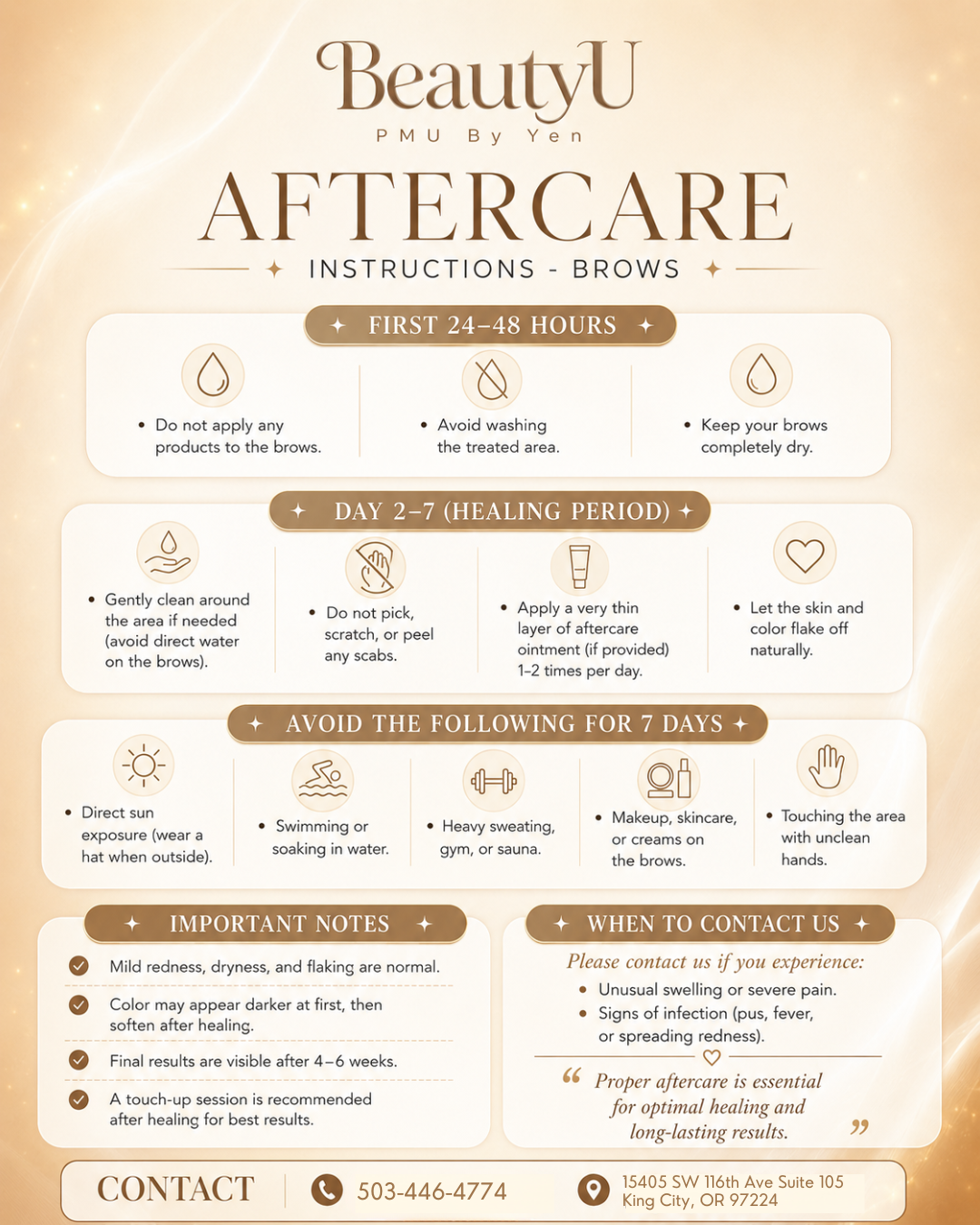 BeautyU brow aftercare instructions covering the first 48 hours, the healing period, and what to avoid for seven days