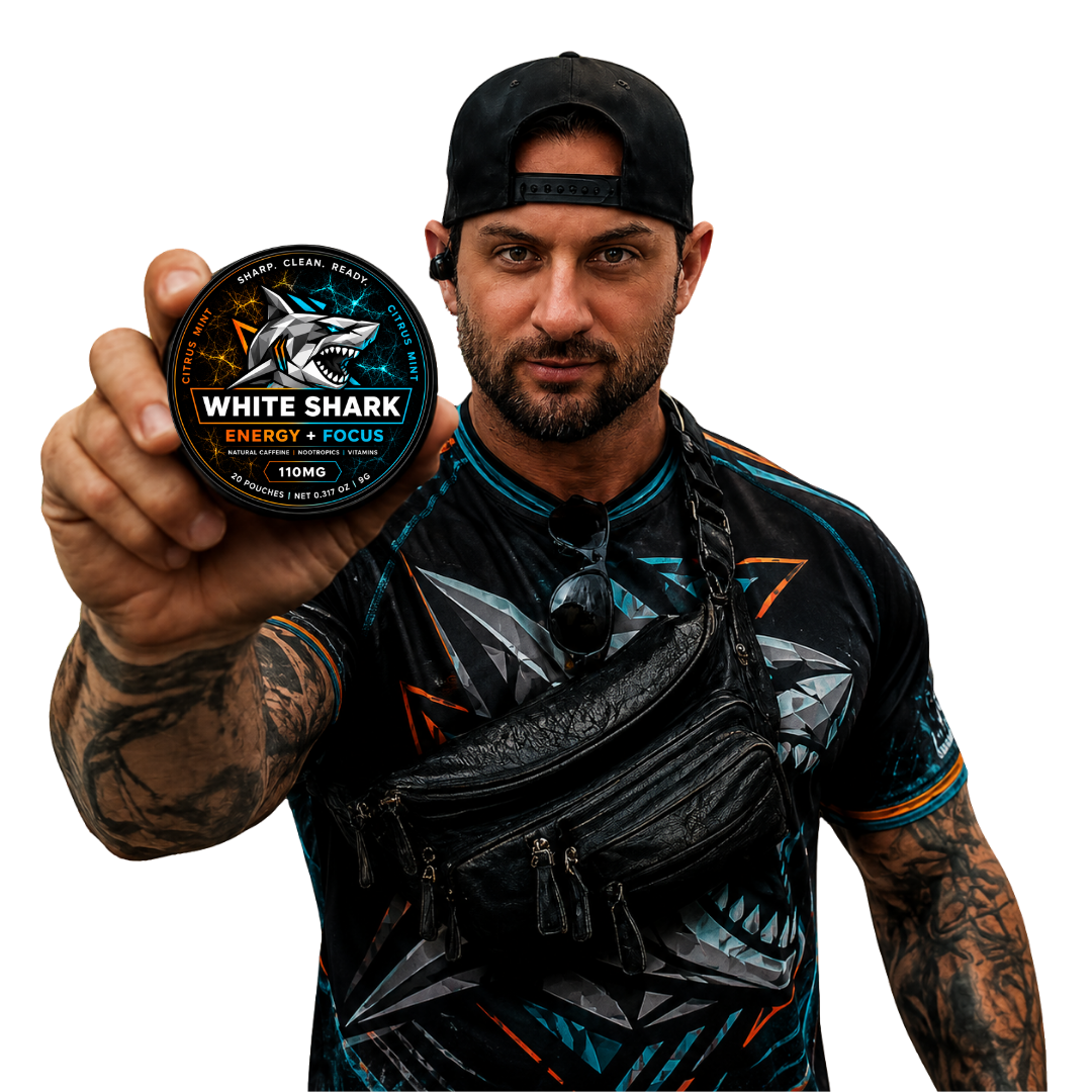 Athlete holding a tin of White Shark Energy + Focus pouches