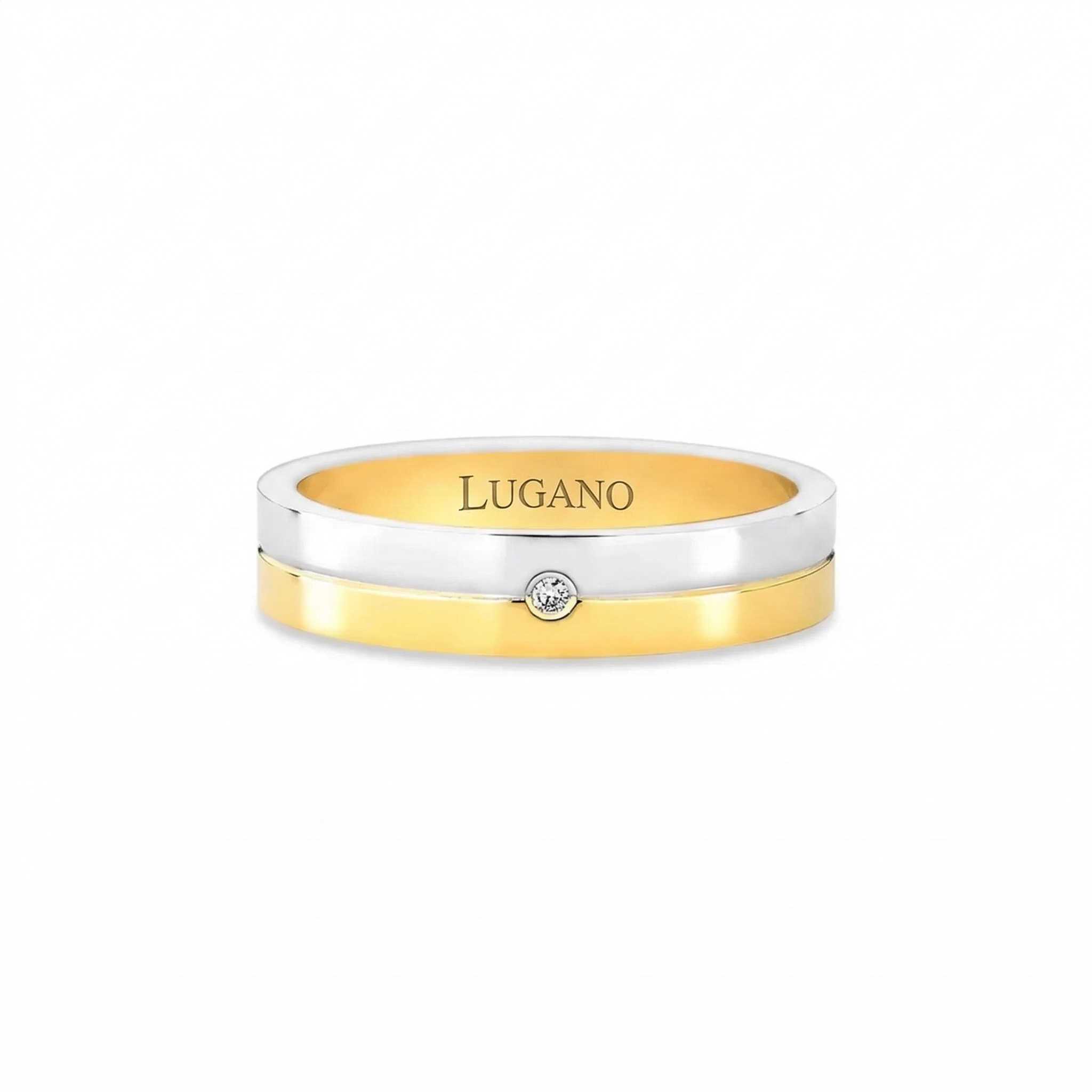 Aliança Dual com Diamante Ouro Amarelo e Branco 18k 4mm - vista frontal