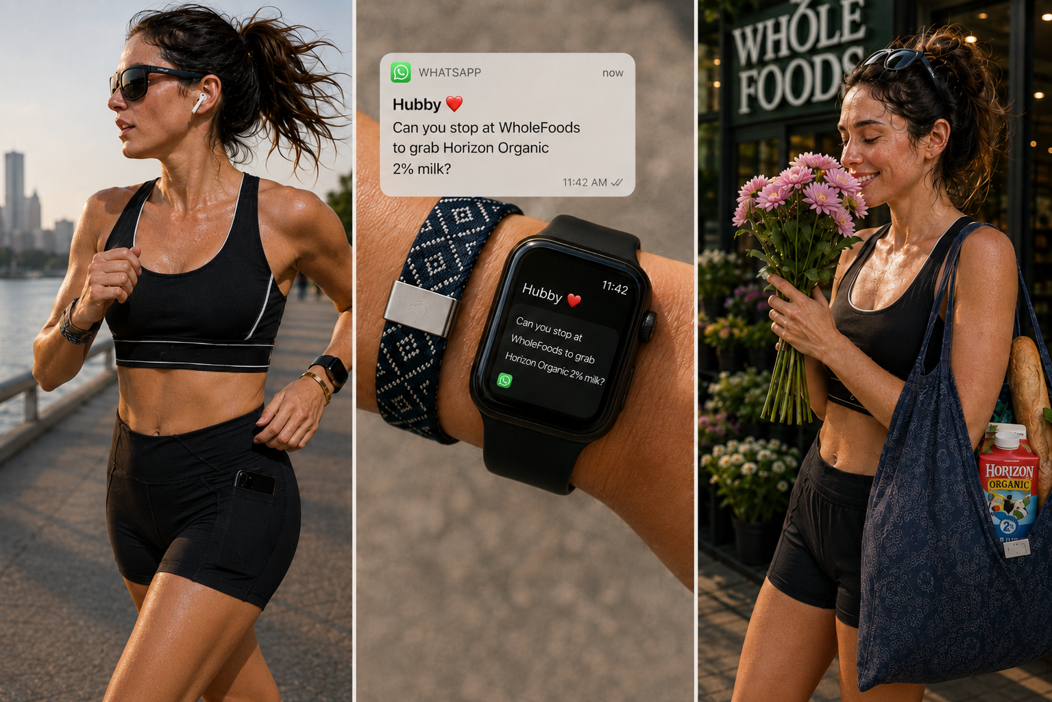 Woman's lifestyle journey: running, checking message, shopping