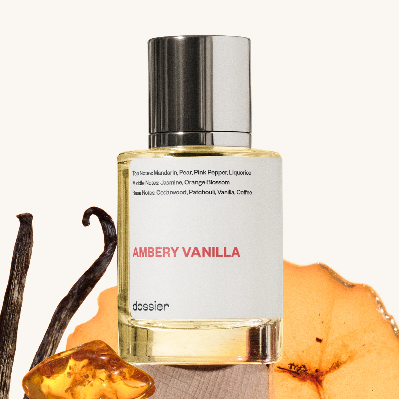 Dossier Ambery Vanilla perfume bottle with fragrance notes