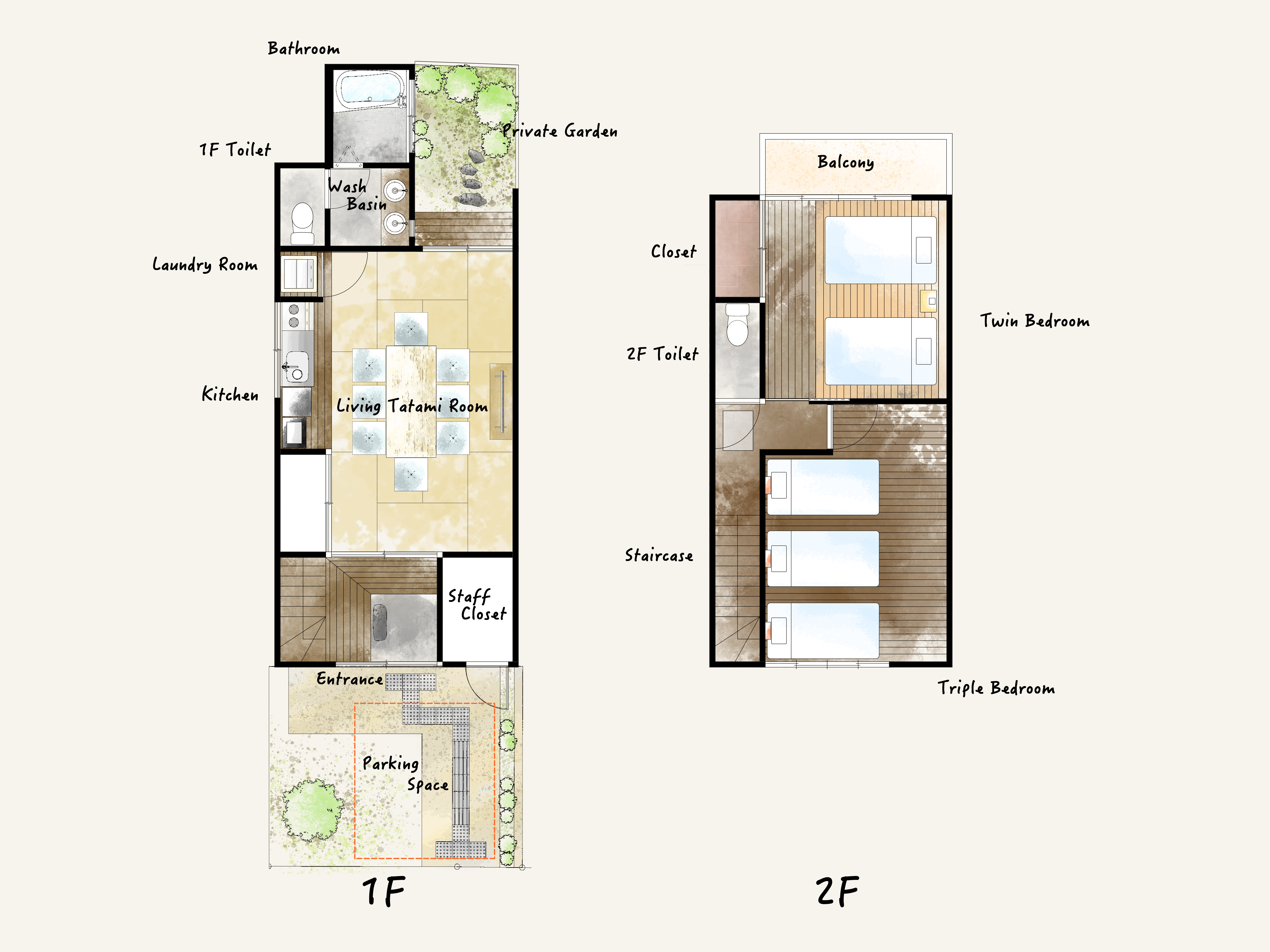Andon Gojo floor plan showing 85 sqm two-floor layout with tatami living room, kitchen, laundry, bathroom and private garden on 1F, and twin bedroom, triple bedroom, balcony and 2F toilet on 2F for up to 9 guests