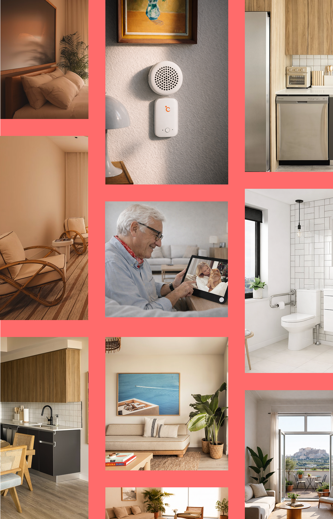 Apartment features collage showing bedroom, living areas, kitchen, bathroom, and smart home devices
