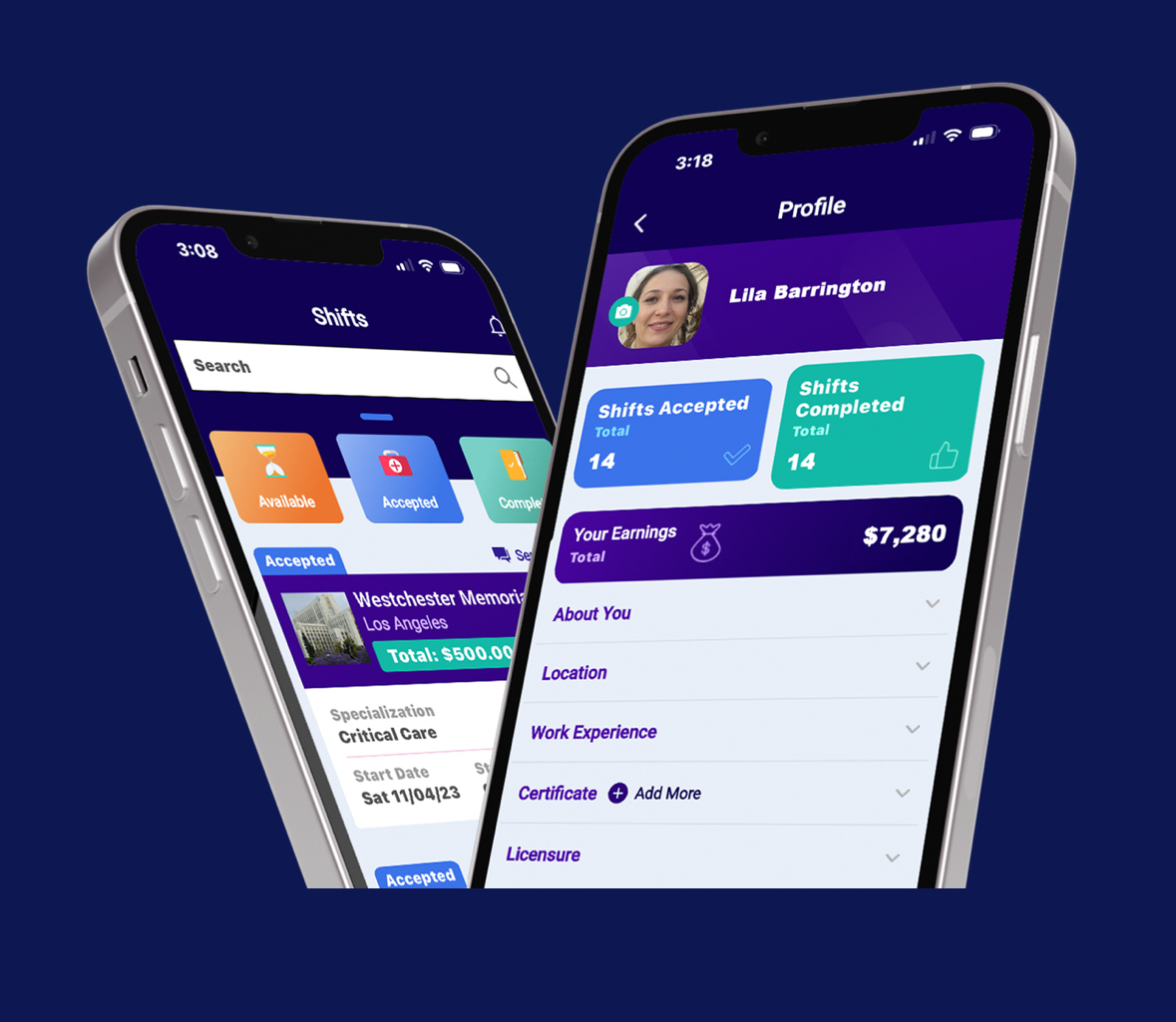 SHIFTit mobile app interface showing shifts and profile screens
