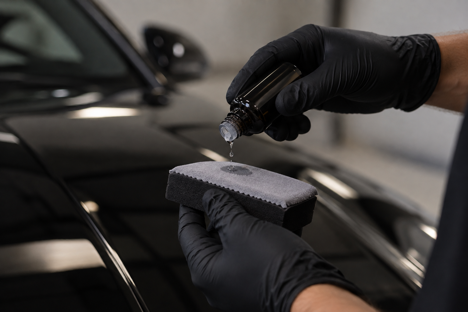 4 Year Ceramic Coating Application on a Glossy Car | SKW Detailing Technician applying ceramic coating to a glossy dark vehicle panel with an applicator block