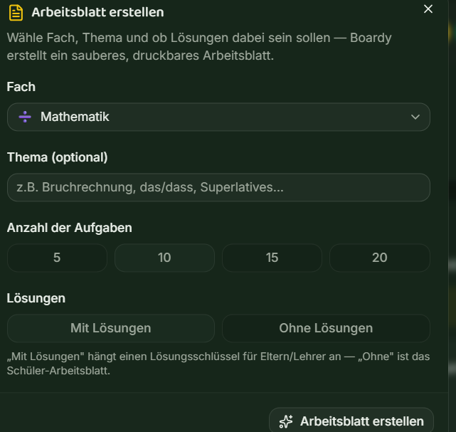 Dialog „Arbeitsblatt erstellen" mit Fach-Auswahl Mathematik, Themenfeld, Anzahl der Aufgaben und Umschalter für Lösungen