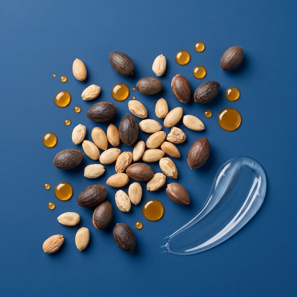 Argan nuts in pale and dark brown with golden oil droplets and a clear gel smear on a dark blue background