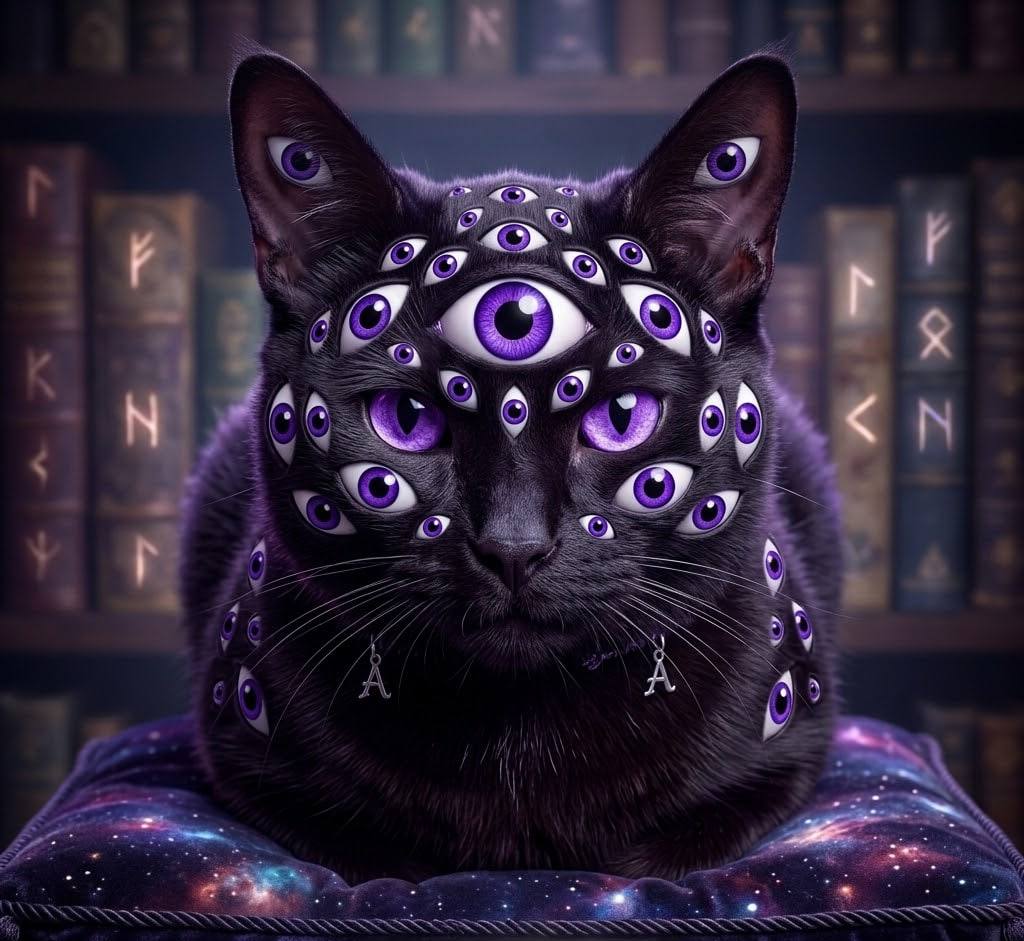 Argus Cat, a black cosmic cat with many glowing violet eyes