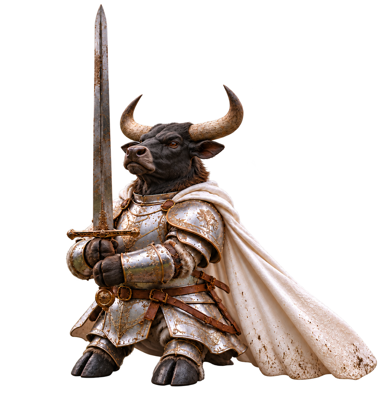 Black bull knight in ornate silver and gold armor, holding a towering sword and wearing an ivory cloak