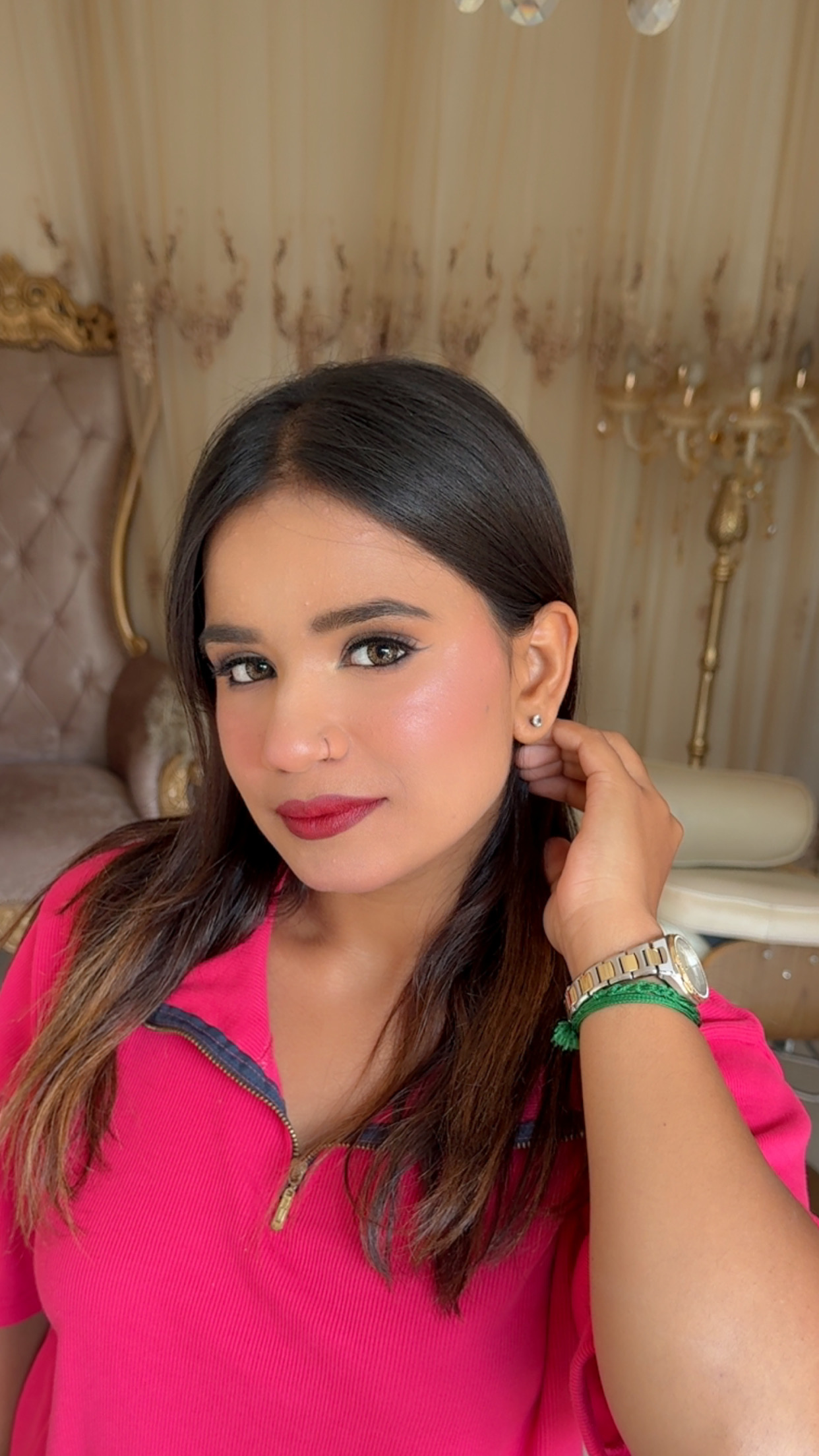 Soft glam portrait in a pink outfit
