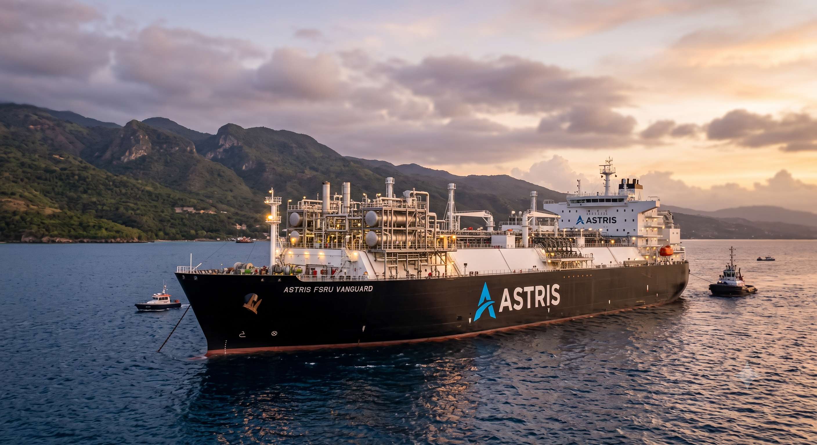 Astris FSRU Vanguard — LNG vessel in harbor at sunset with escort vessels