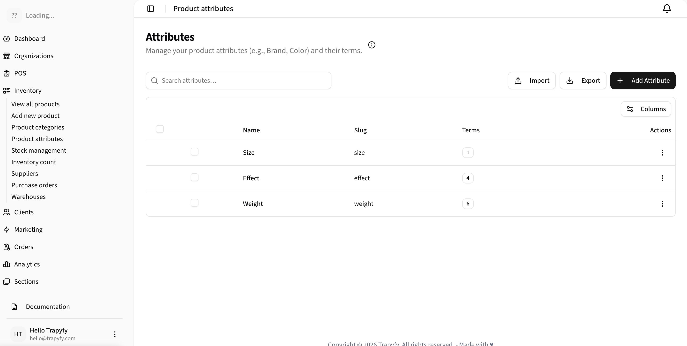 Product attributes list showing Size (1 term), Effect (4 terms), and Weight (6 terms) attributes with Name, Slug, Terms, and Actions columns