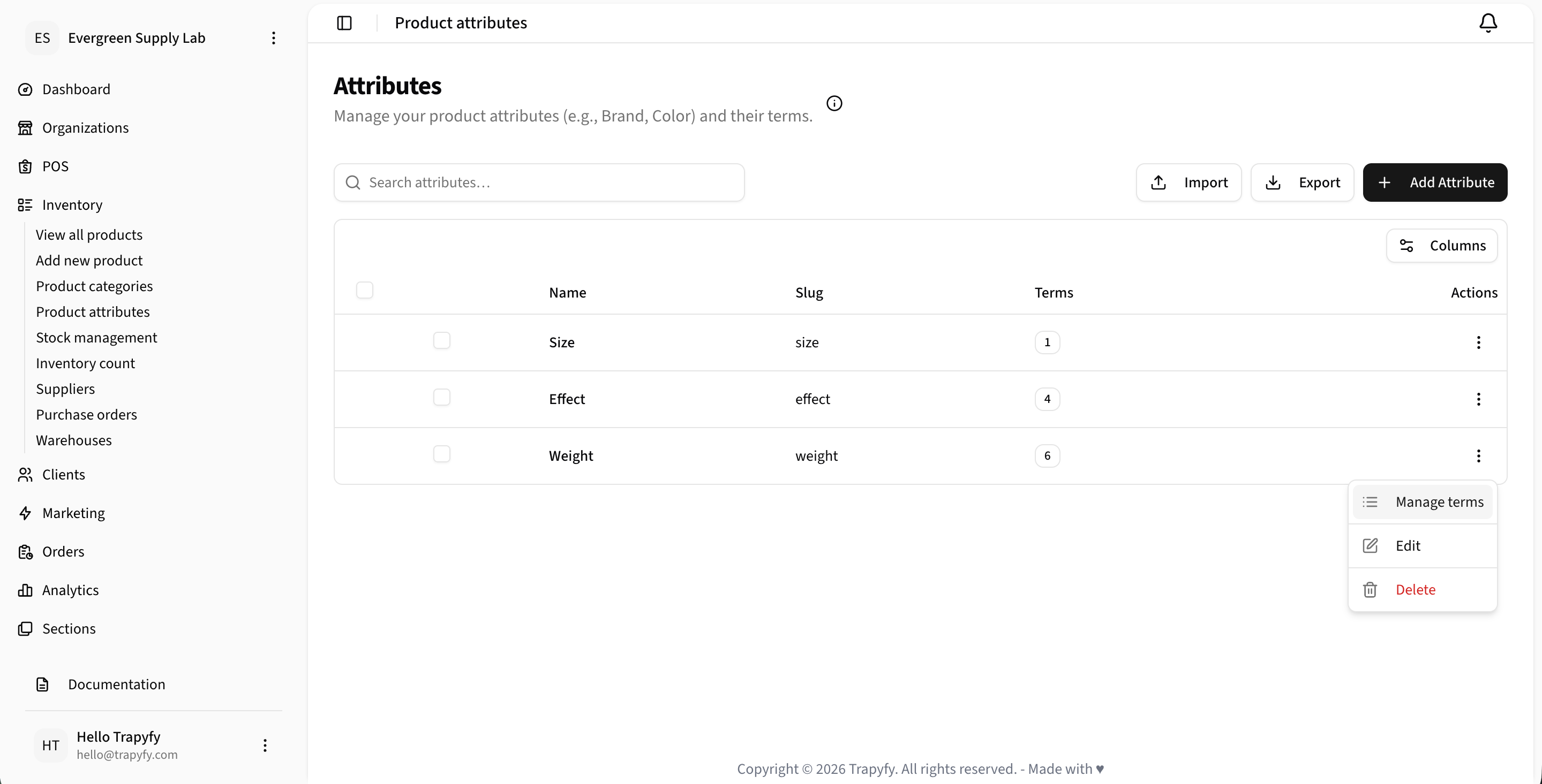 Attributes list with the Weight row actions menu open, showing Manage terms, Edit, and Delete options