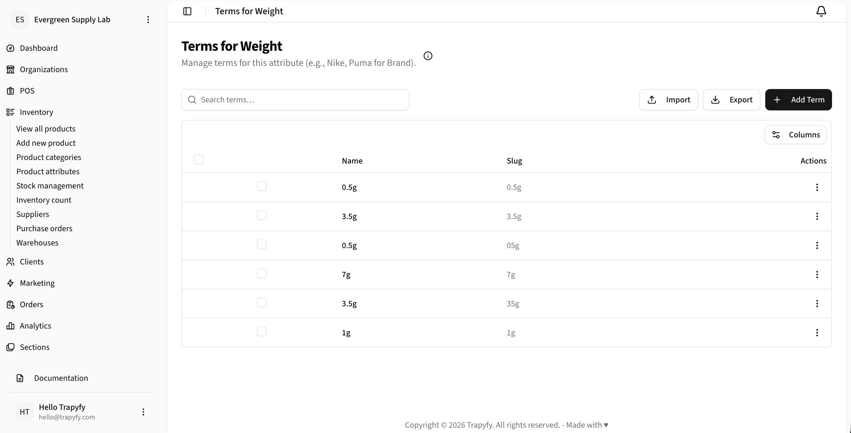 Terms for Weight attribute showing six terms: 0.5g, 3.5g, 7g, 1g, and others, with Name and Slug columns and Import, Export, Add Term actions
